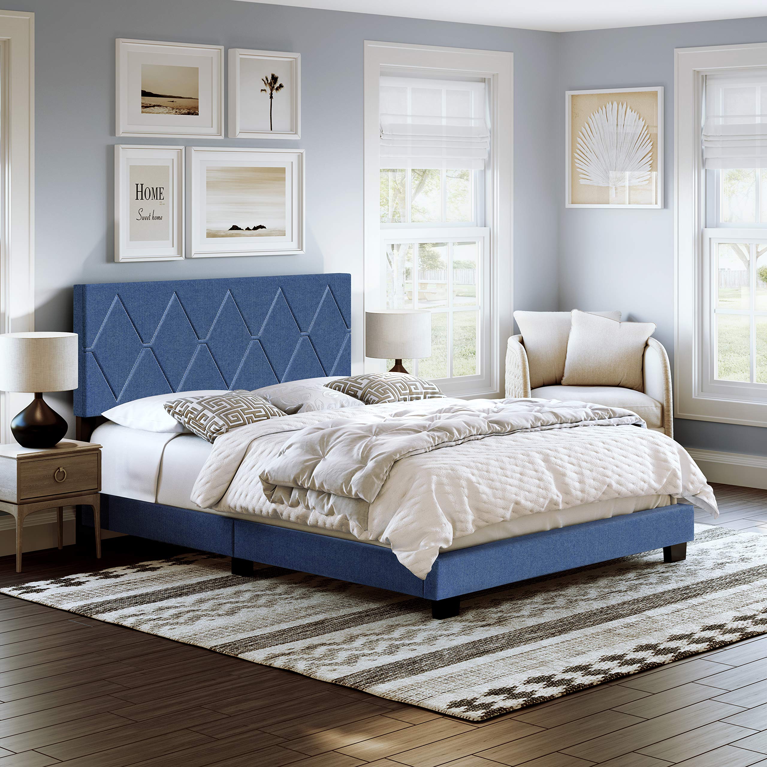 Boyd Sleep Diamond Upholstered Platform Bed with Headboard and Durable Mattress Foundation with Strong 4 Wood Slat Supports, Box Spring Required: King, Blue