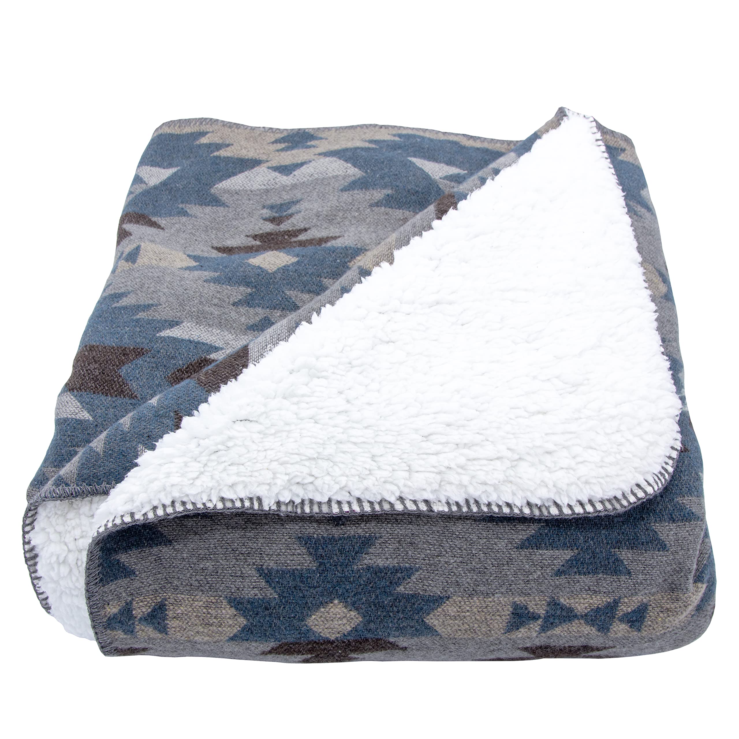 Paseo Road By Hiend Accents  Southwest Aztec Design Throw With Sherpa Backing, 50X 60 Inch, Blue Geometric Pattern, Soft Cozy Wa