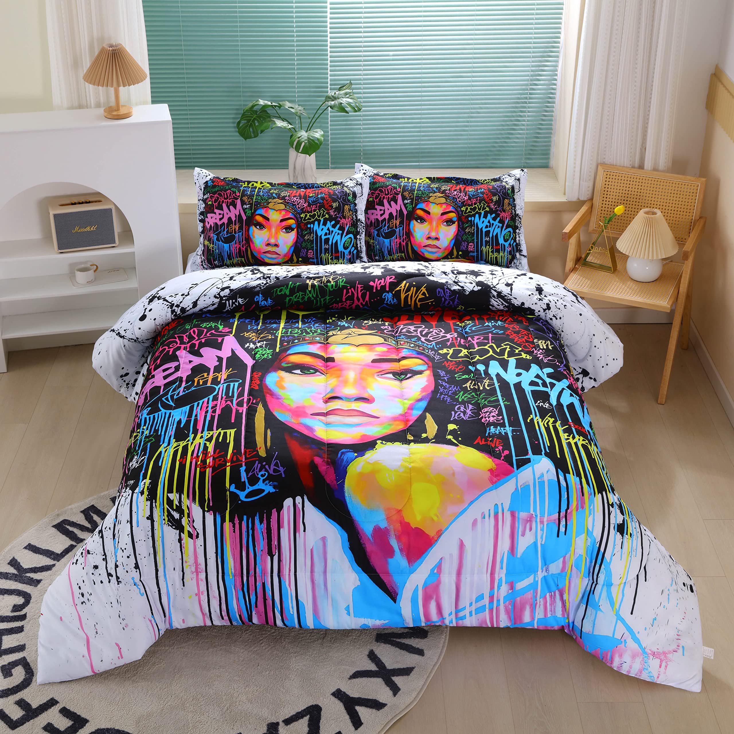 African American Black Girl Comforter Set For Kids And Teens, Queen Size Colorfull Graffiti Style African Themed Bedding Comfort