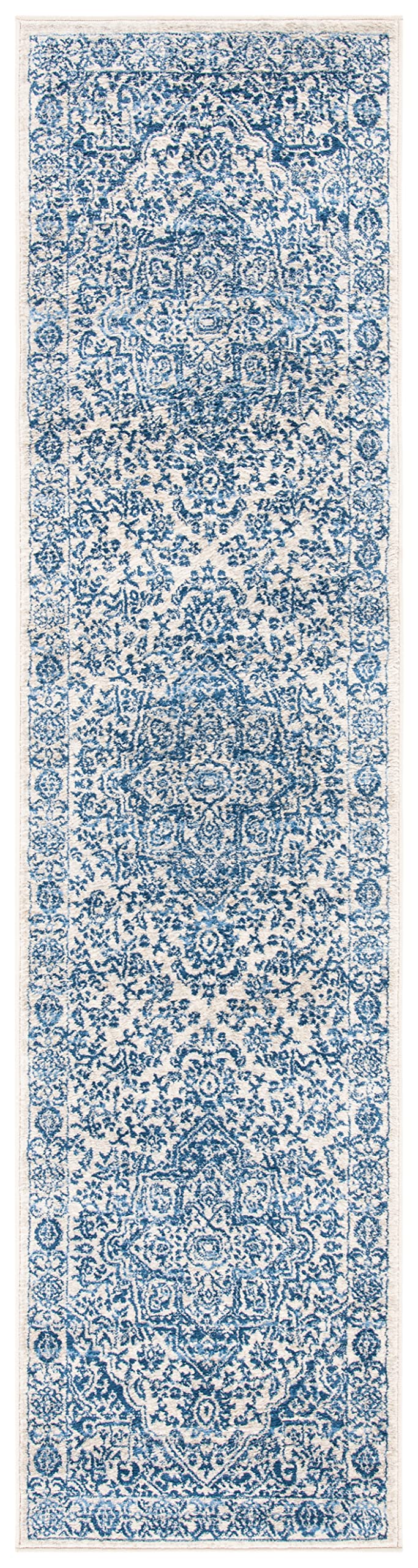 Safavieh Brentwood Collection 2' X 12' Navy / Light Grey Bnt832M Medallion Distressed Non-Shedding Living Room Bedroom Runner Ru