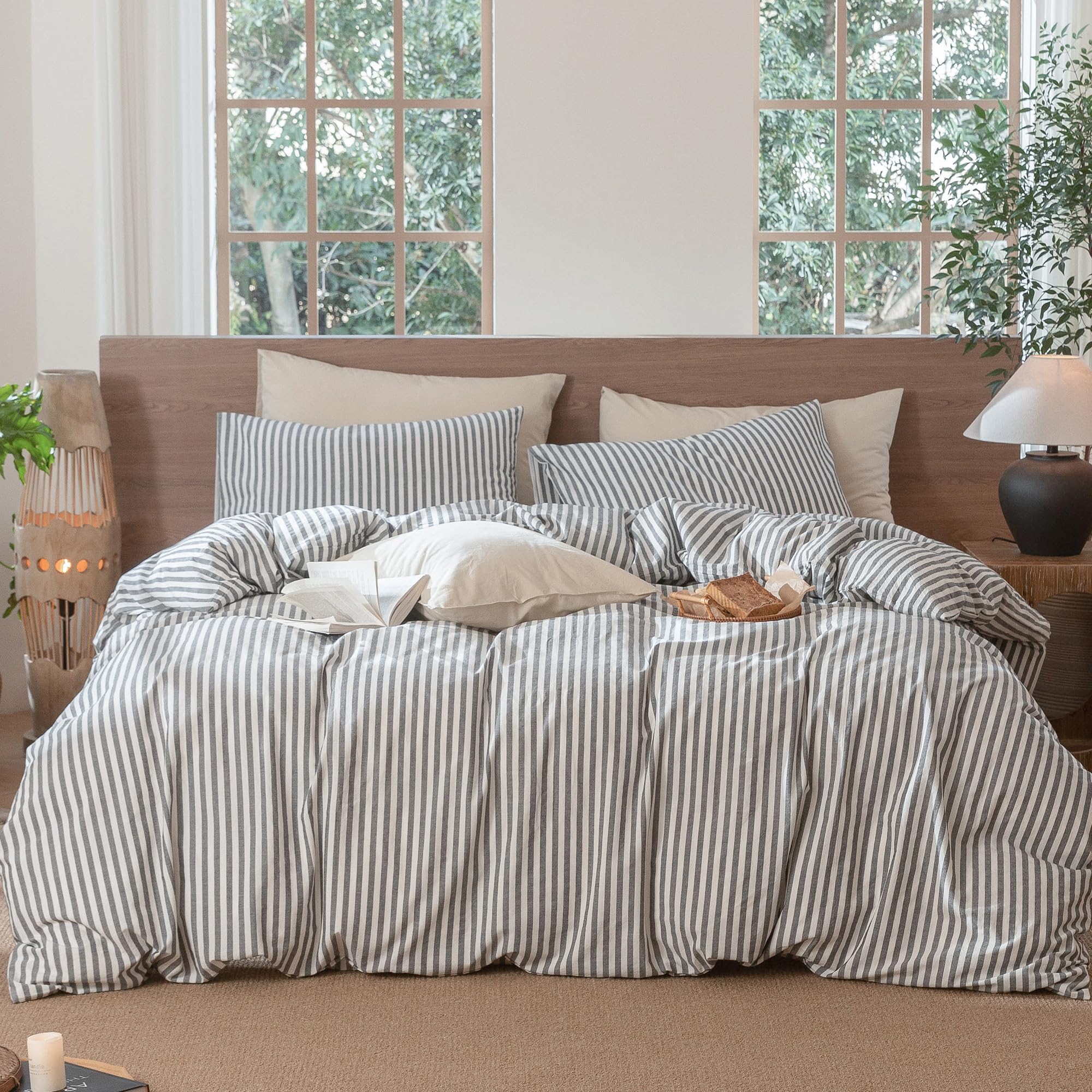 MooMee Striped Duvet Cover Set 100% Washed Cotton Linen Like Textured Breathable Durable Soft Comfy (Dark Grey White Classic Str