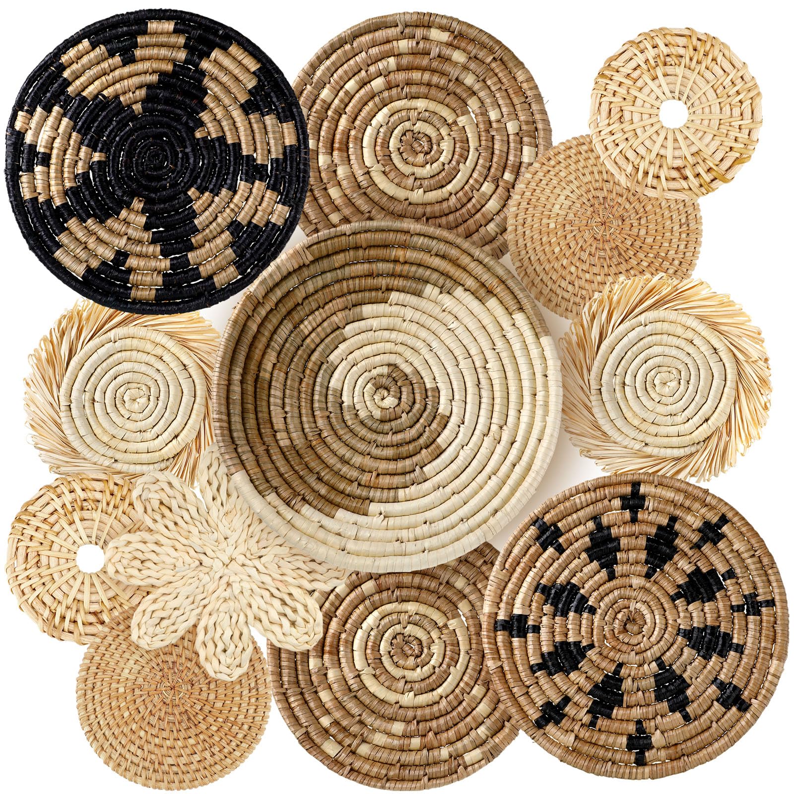 11 Pcs Boho Hanging Wall Basket Decor Handmade Woven Basket Wall Decorative Boho Wicker Baskets Placemats Round Farmhouse Wall B