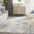 Nourison Passion Ivory Grey Blue 8 x 10 Area Rug, Floral, Farmhouse, Easy Clean, Non Shedding, Bed Room, Living Room, Dining R