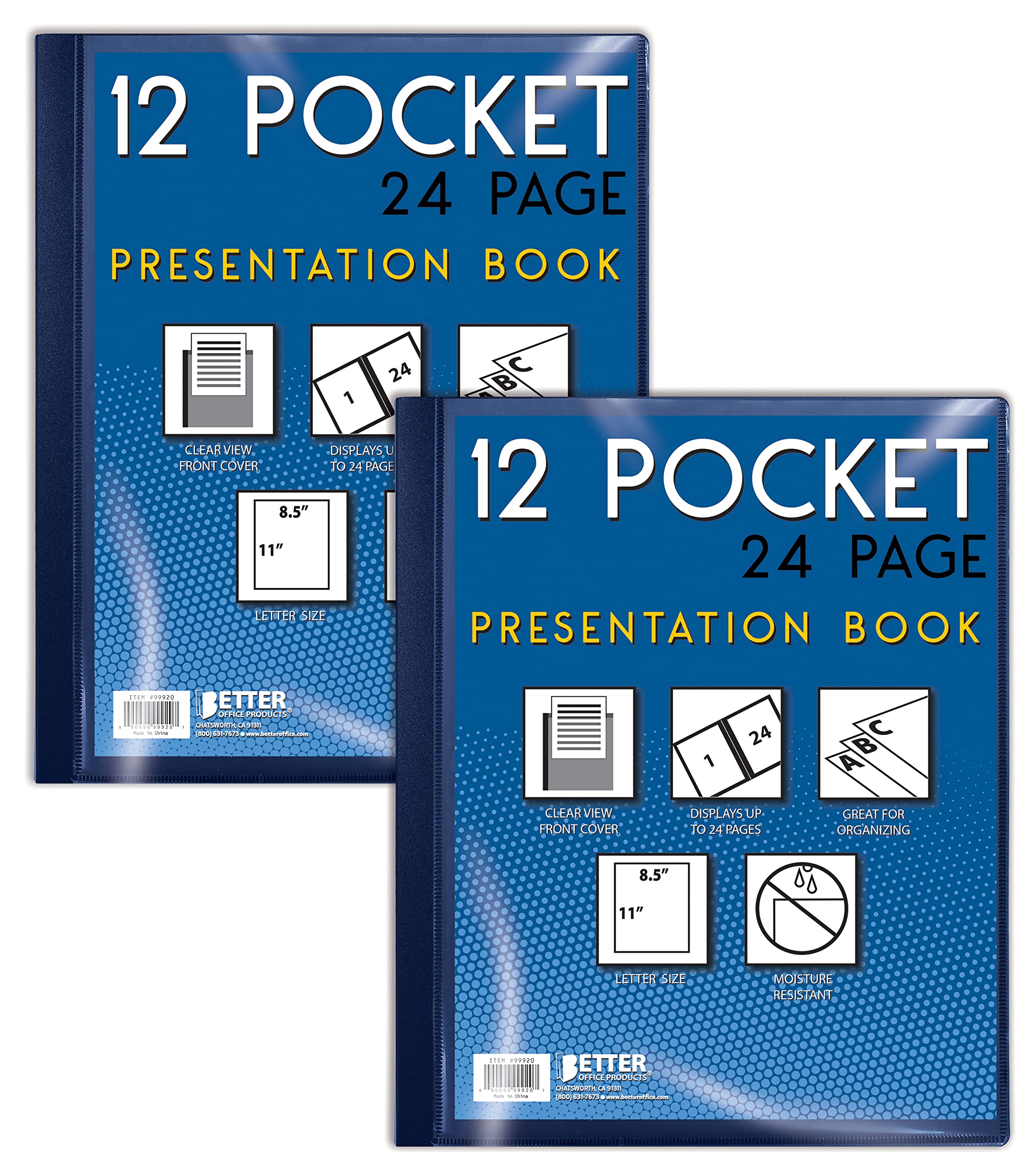 12 Pocket Bound Presentation Book, Blue, Clear View Front Cover, 24 Sheet Protector Pages, 8.5' X 11' Sheets, By Better Office