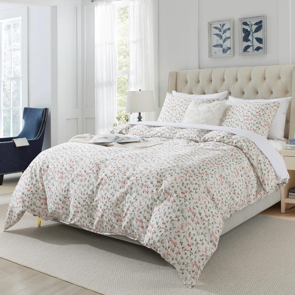 Honeilife Duvet Cover Queen Size - Cotton Comforter Cover Floral Duvet Cover Sets 3-Pc, Soft & Breathable Duvet Cover With Zippe