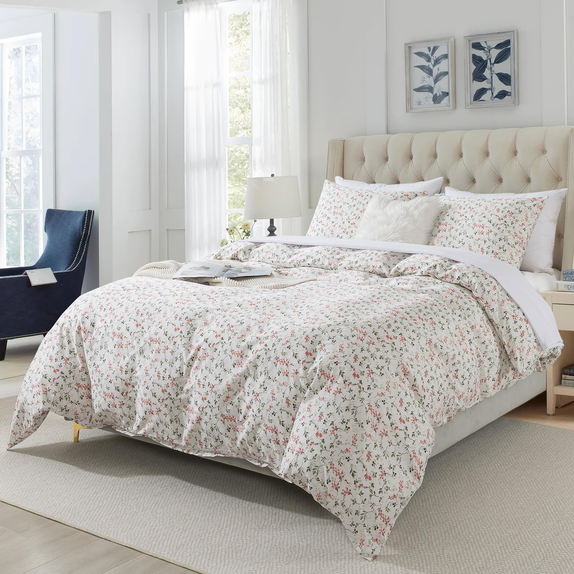 Honeilife Duvet Cover Queen Size - Cotton Comforter Cover Floral Duvet Cover Sets 3-Pc, Soft & Breathable Duvet Cover With Zippe