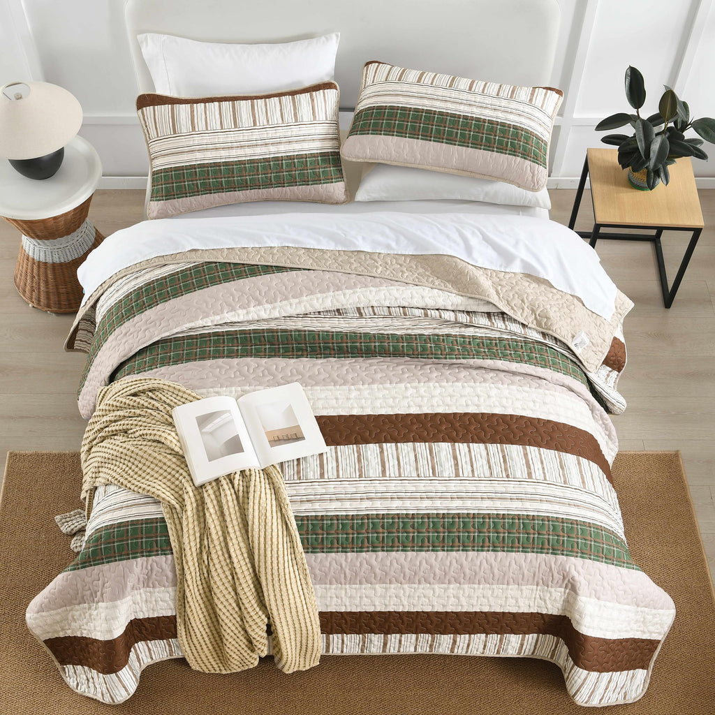 Djy Striped Quilt Set King Size, Boho Brown Green Striped Bedspread Coverlet Set Soft Microfiber Patchwork Quilt Bedding Set 3 P