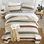 Djy Striped Quilt Set King Size, Boho Brown Green Striped Bedspread Coverlet Set Soft Microfiber Patchwork Quilt Bedding Set 3 P