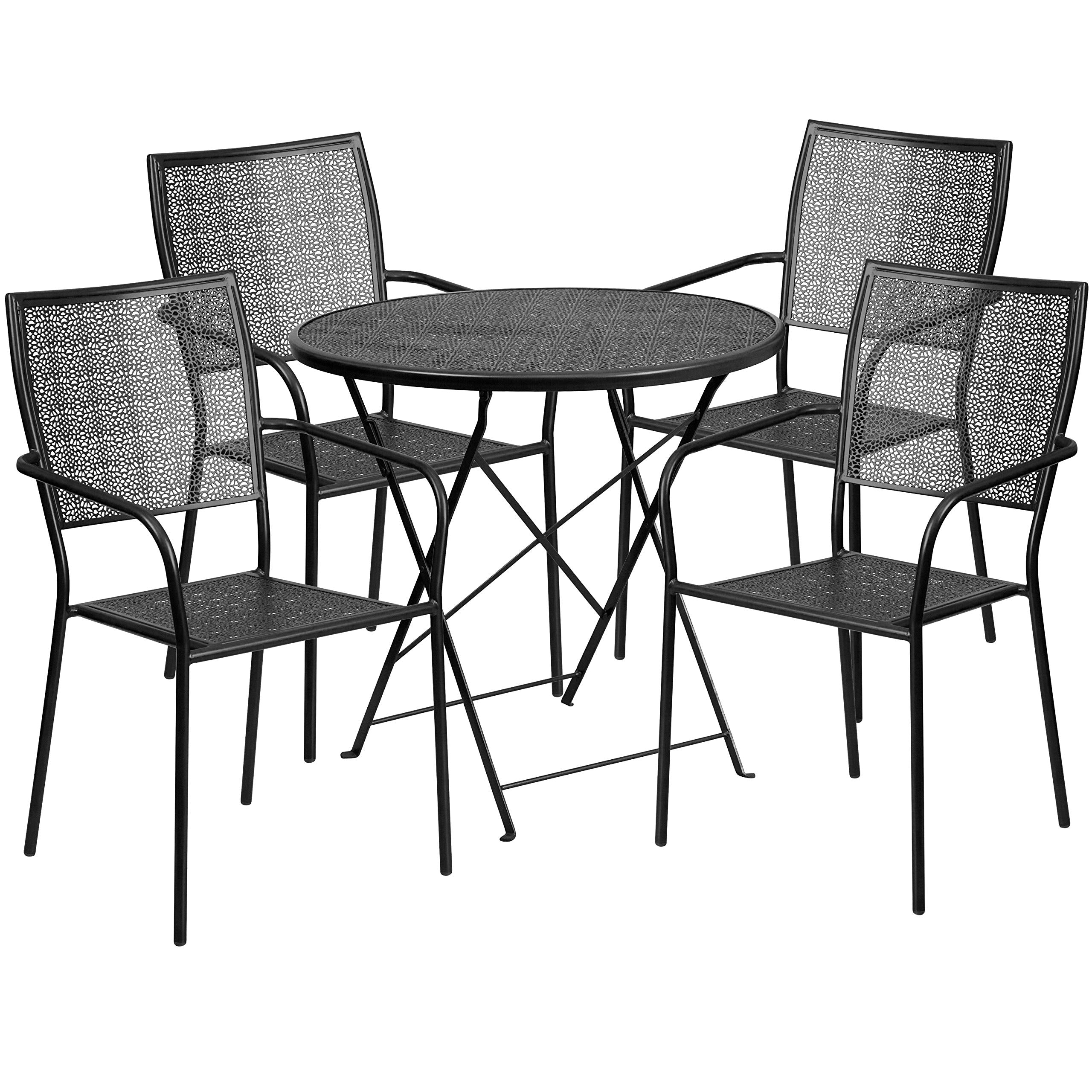 Flash Furniture Oia Commercial Grade 30' Round Black Indoor-Outdoor Steel Folding Patio Table Set With 4 Square Back Chairs