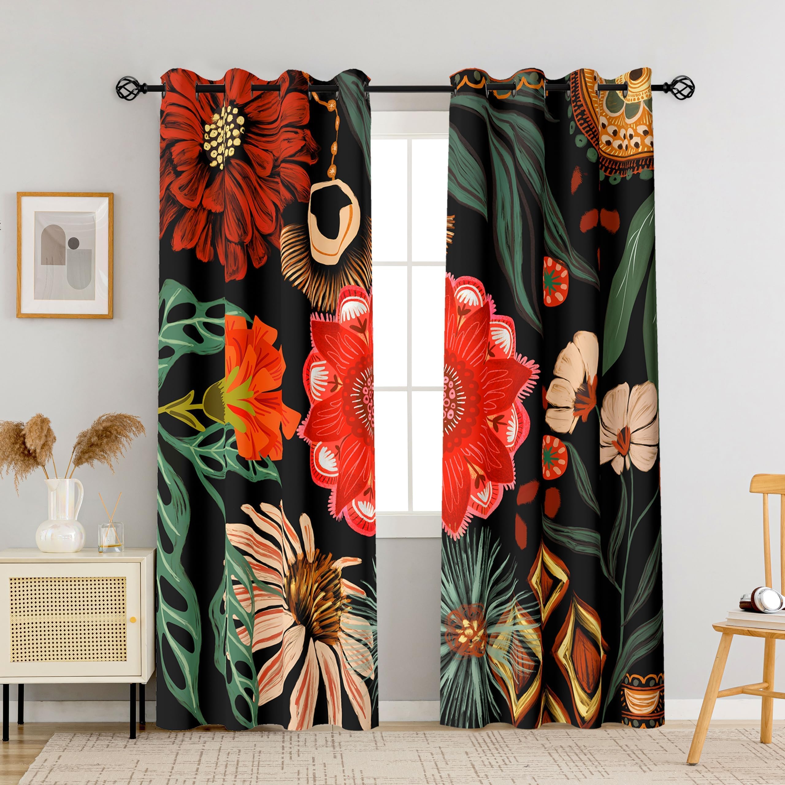 Tyrot Black Boho Floral 100% Blackout Curtains For Living Room 63 Inch Long 2 Panels Mid Century Botanical Black Out Curtains Fo