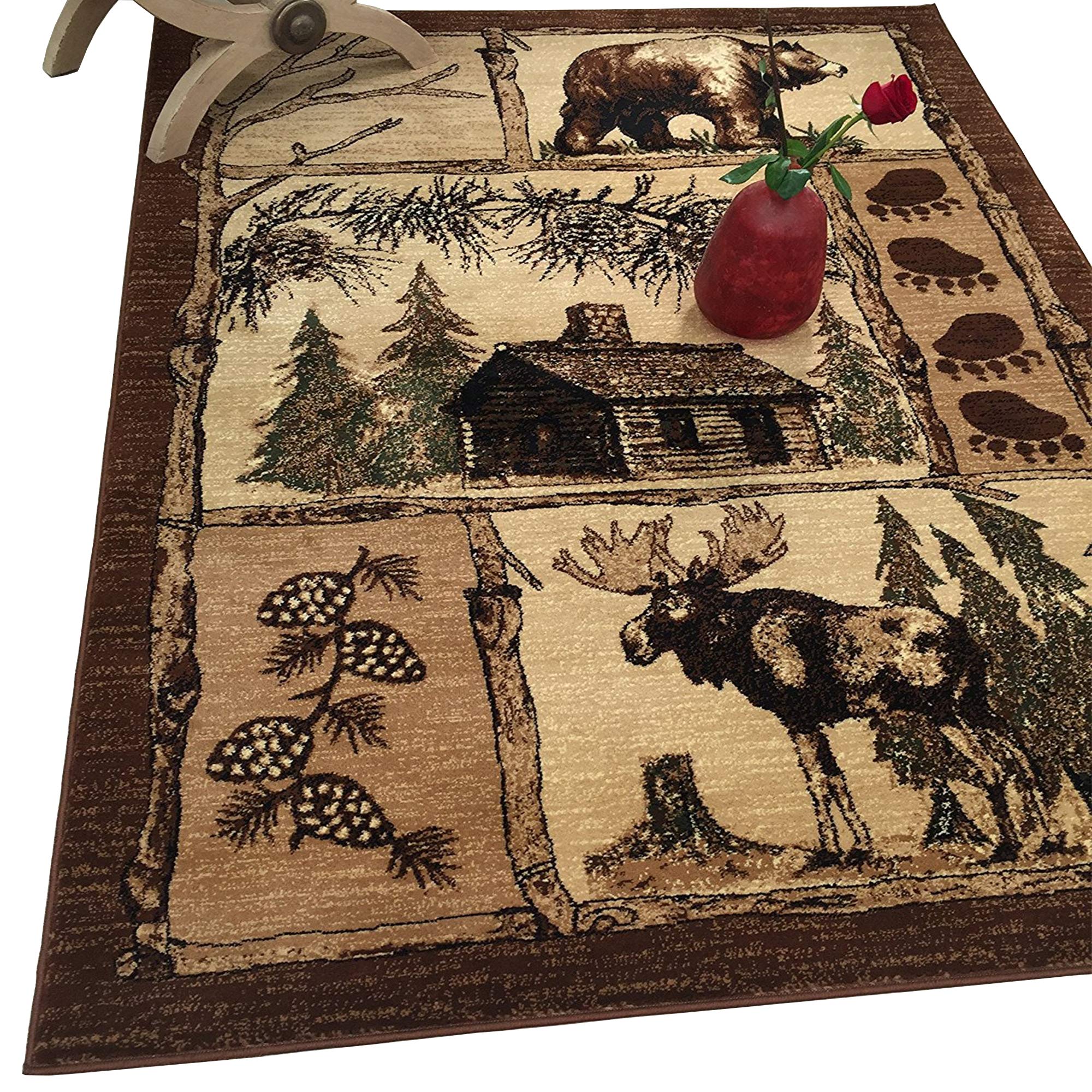 HR Cabin Rug-Lodge, Cabin Nature and Animals Area Rug-Modern Geometric Design Cabin Area Rug-Abstract, Chocolate Brown/Beige-Hor