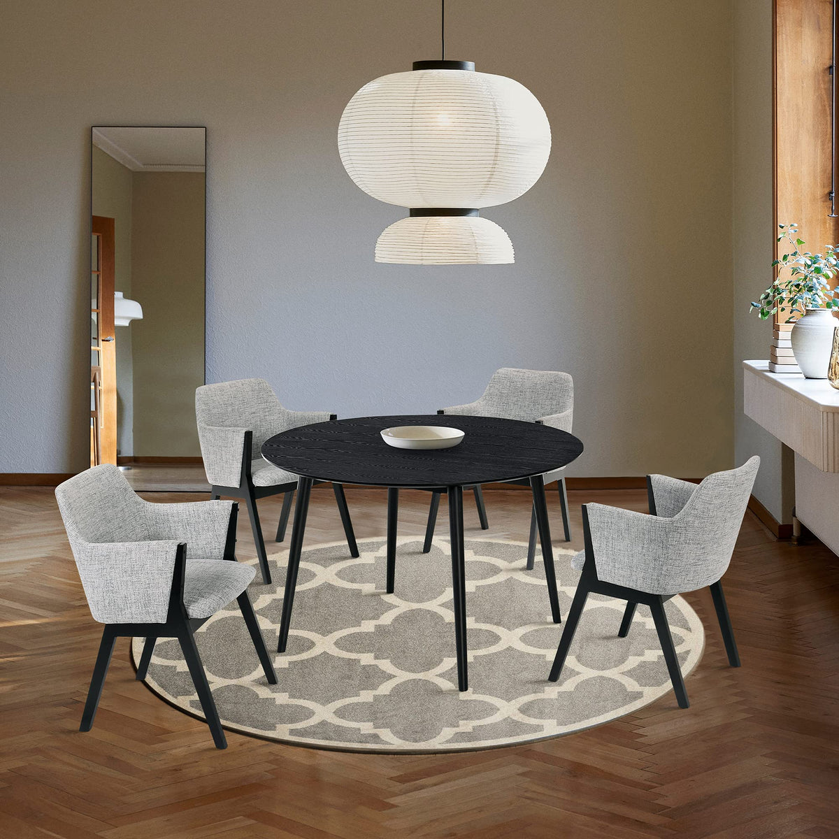 Armen Living Arcadia and Renzo 5 Piece Dining Set, 48'' Round, Grey/Black Wood