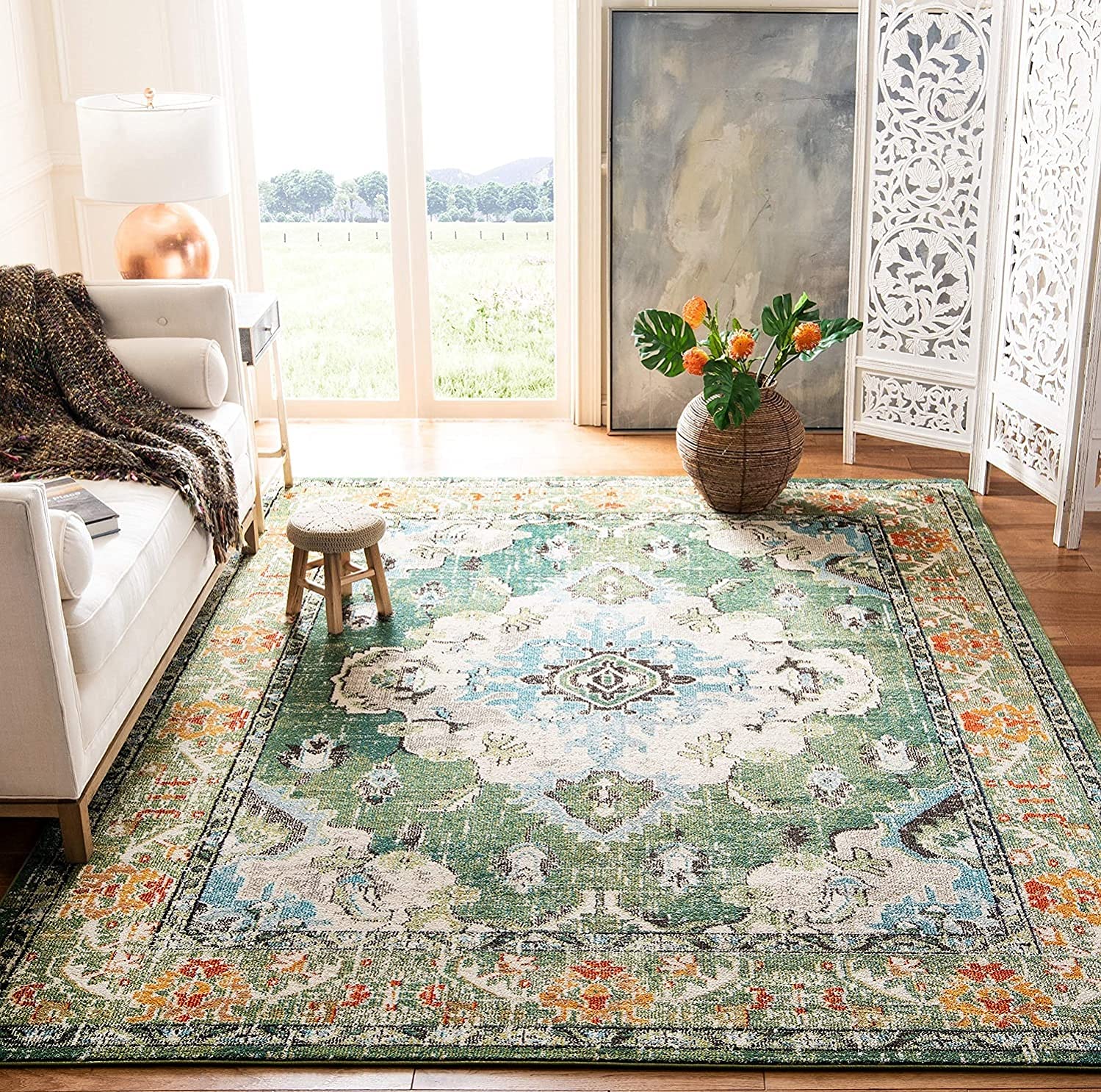 SAFAVIEH Monaco Collection Area Rug - 51 x 77, Forest Green & Light Blue, Medallion Distressed Design, Non-Shedding & Easy Car