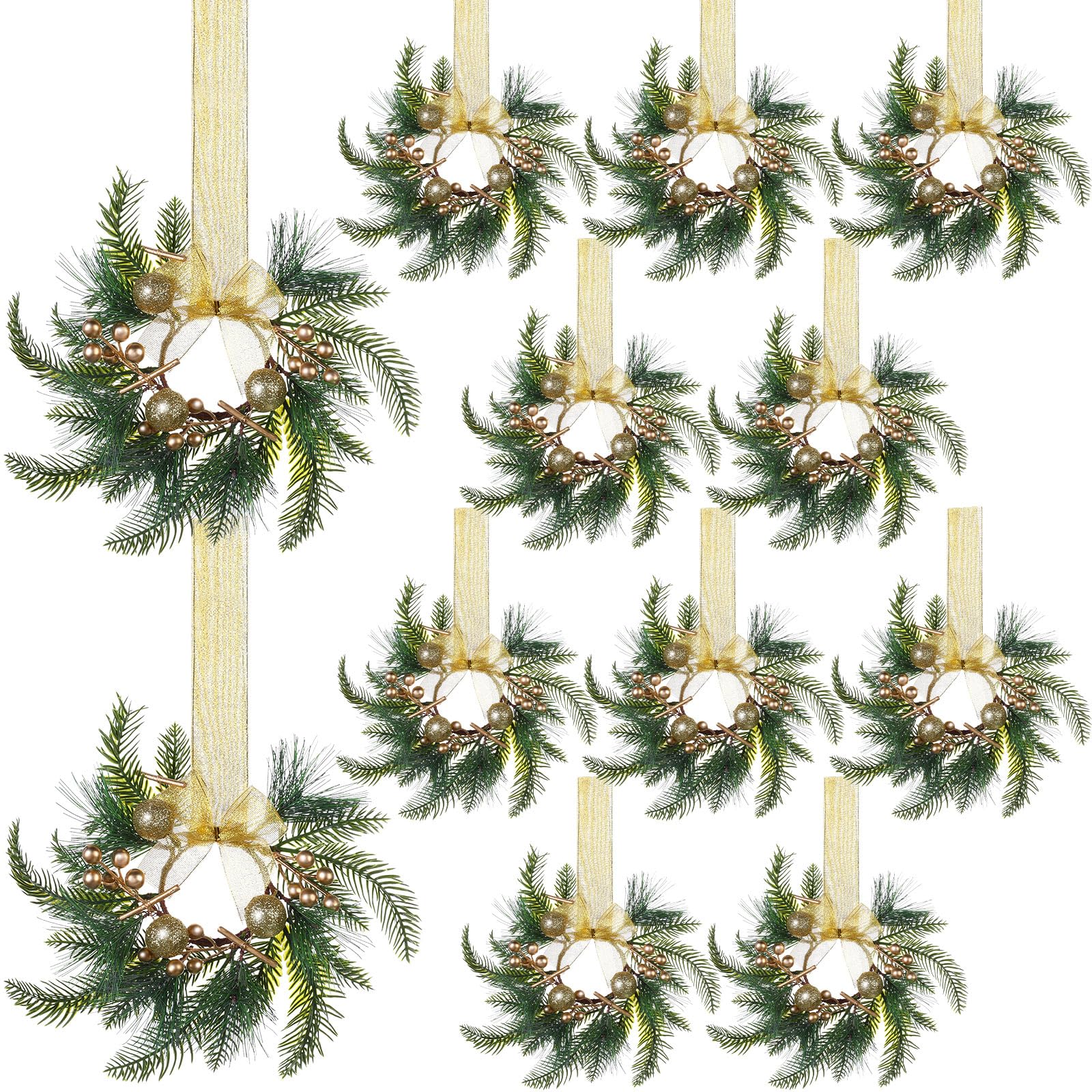 Zeyune 12 Pcs Christmas Kitchen Cabinet Wreaths with Plaid Bow Ribbon Hanging Cabinet Doors Wreaths Decorative for Kitchen Windo
