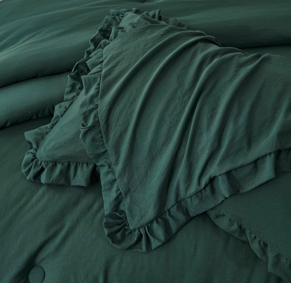 Chezmoi Collection Nora Emerald Green Comforter Set Full Size 3-Piece Fluffy Soft Lightweight Bedding Ruffled Edge Trim Stone-Wa