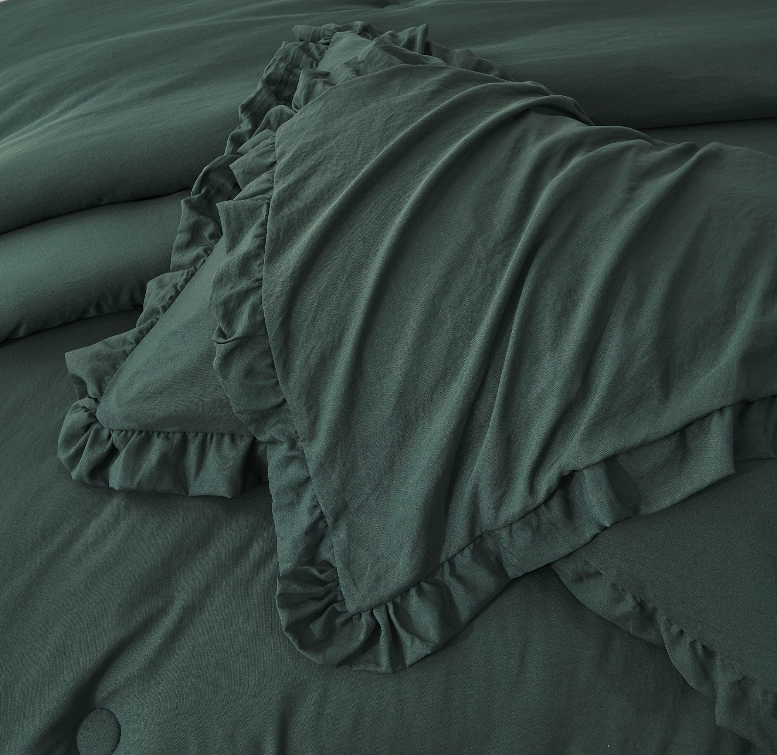 Chezmoi Collection Nora Emerald Green Comforter Set Full Size 3-Piece Fluffy Soft Lightweight Bedding Ruffled Edge Trim Stone-Wa