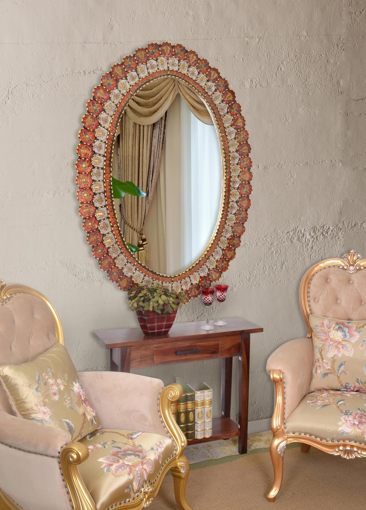 Afd Home Peruvian Painted Glass Scalloped Mirror Spanish Sienna Gold Beige