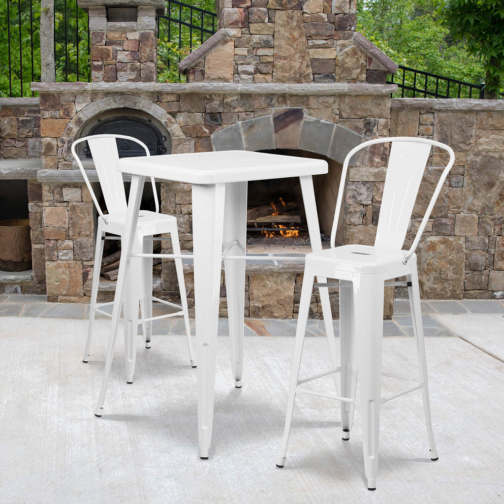 Flash Furniture Commercial Grade 23.75" Square White Metal Indoor-Outdoor Bar Table Set With 2 Stools With Backs