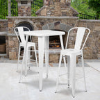 Flash Furniture Commercial Grade 23.75" Square White Metal Indoor-Outdoor Bar Table Set With 2 Stools With Backs