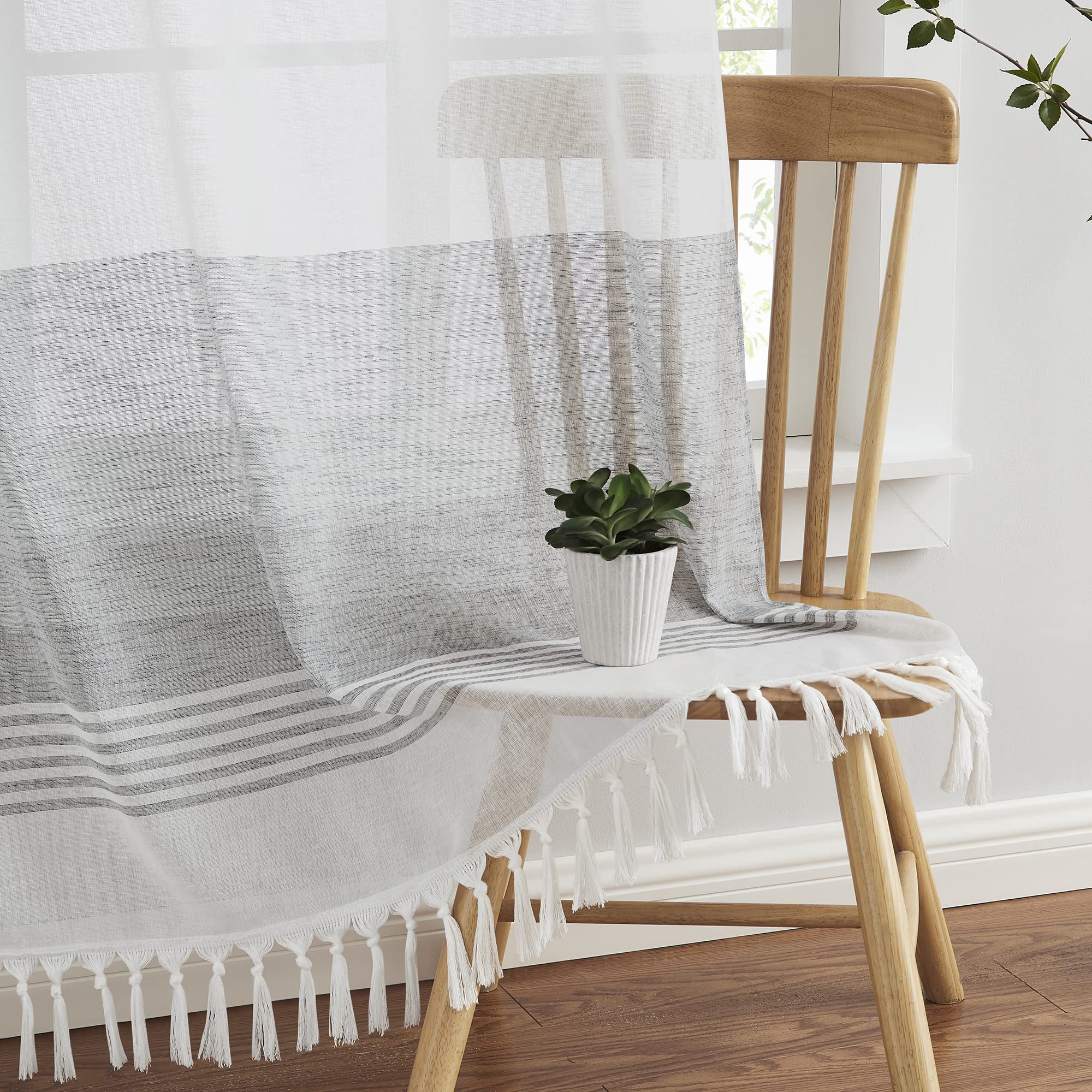 Sxzjtex Boho Curtains With Tassels Sheer Striped Curtains 63 Inches Long Farmhouse Grey And White Rod Pocket Linen Window Panel
