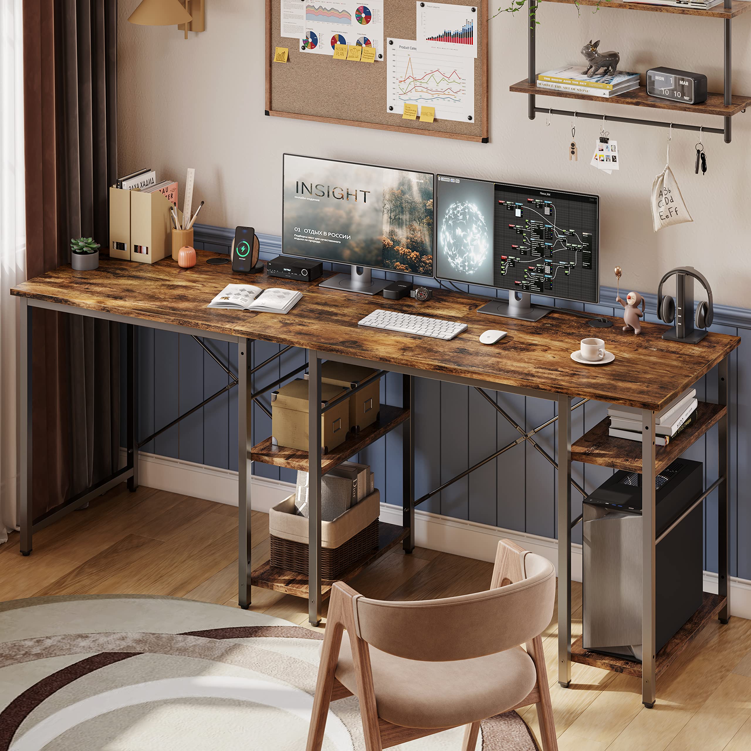 Bestier L Shaped Desk With Shelves 75 Inch Reversible Corner Computer Desk Or 2 Person Long Table, Writing Study Desk For Home Office Small Space Bedroom Apartment, Wash White