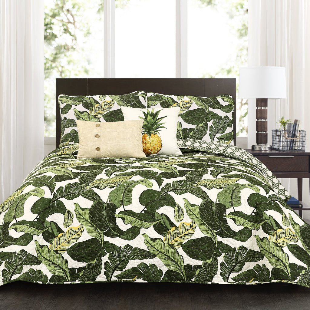 Lush Decor Full Queen-Green Tropical Paradise Quilt-Leaf Palm Rainforest Reversible 5 Piece Bedding Set