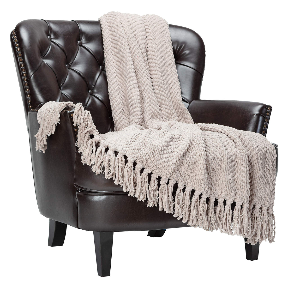 Chanasya Premium Textured Knit Throw Blanket With Tassels - Soft, Cozy Blanket For Couch, Bed, Living Room - 50' X 65    - Taup