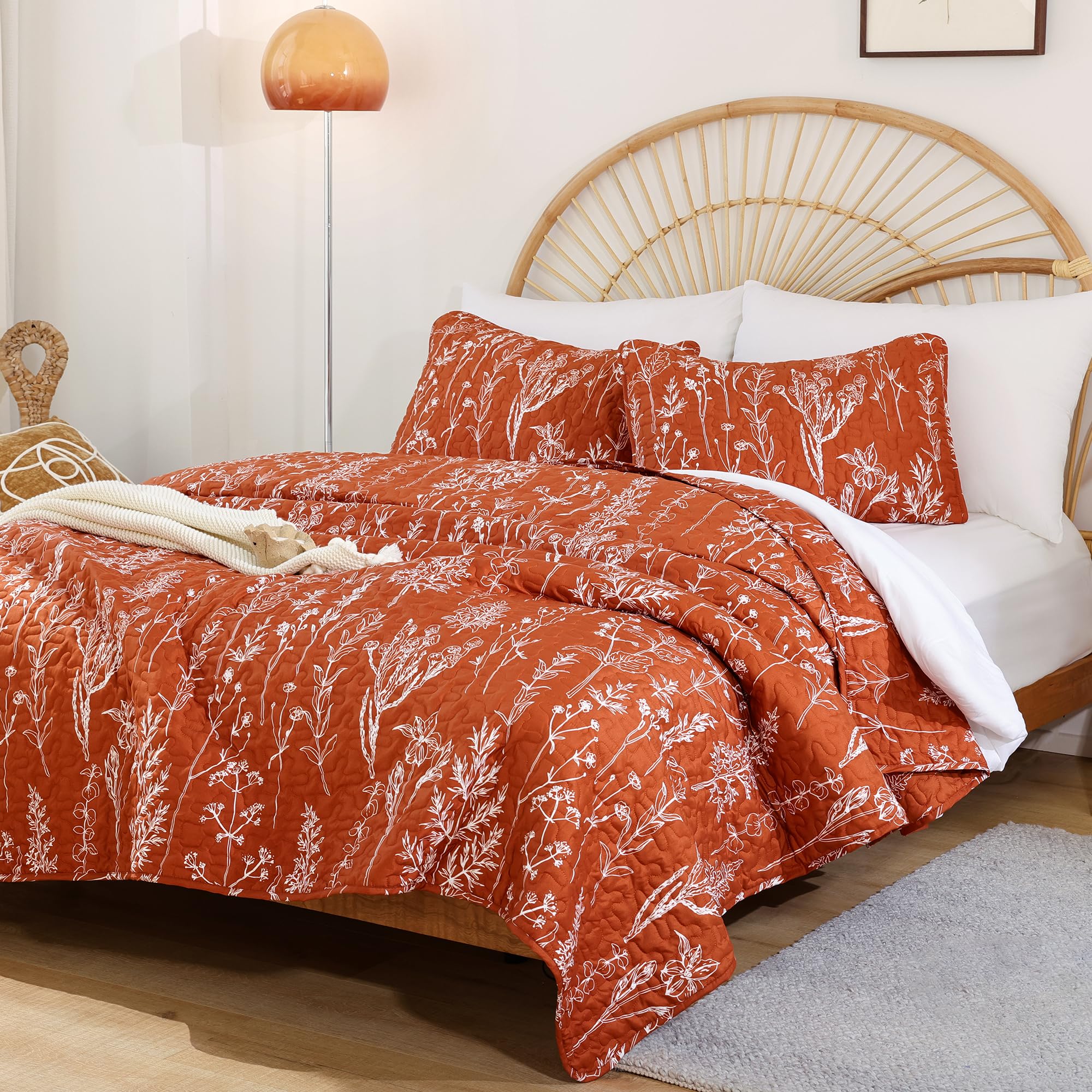 Janzaa Quilts Queen Size Floral Bed Spread Terracotta Quilts Queen Size With Botanical Pattern Burnt Orange Microfiber Bedding S