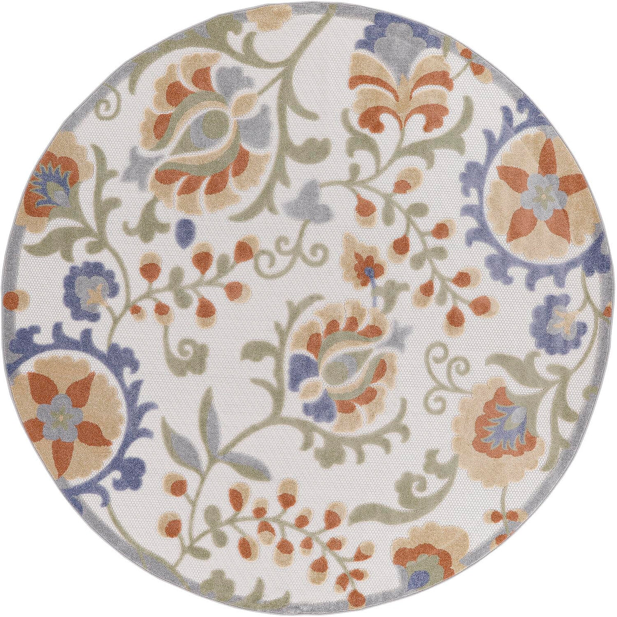 Nourison Aloha Indoor/Outdoor Ivory Blue 710    X Round Area Rug, Easy Cleaning, Non Shedding, Bed Room, Living Room, Dining Roo