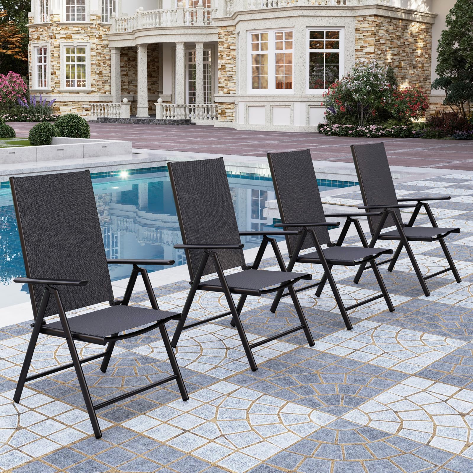 Phi Villa Outdoor Patio Folding Chairs Set Of 4, Portable Patio Dining Chairs With Adjustable Backrest For Outside, Garden, Lawn