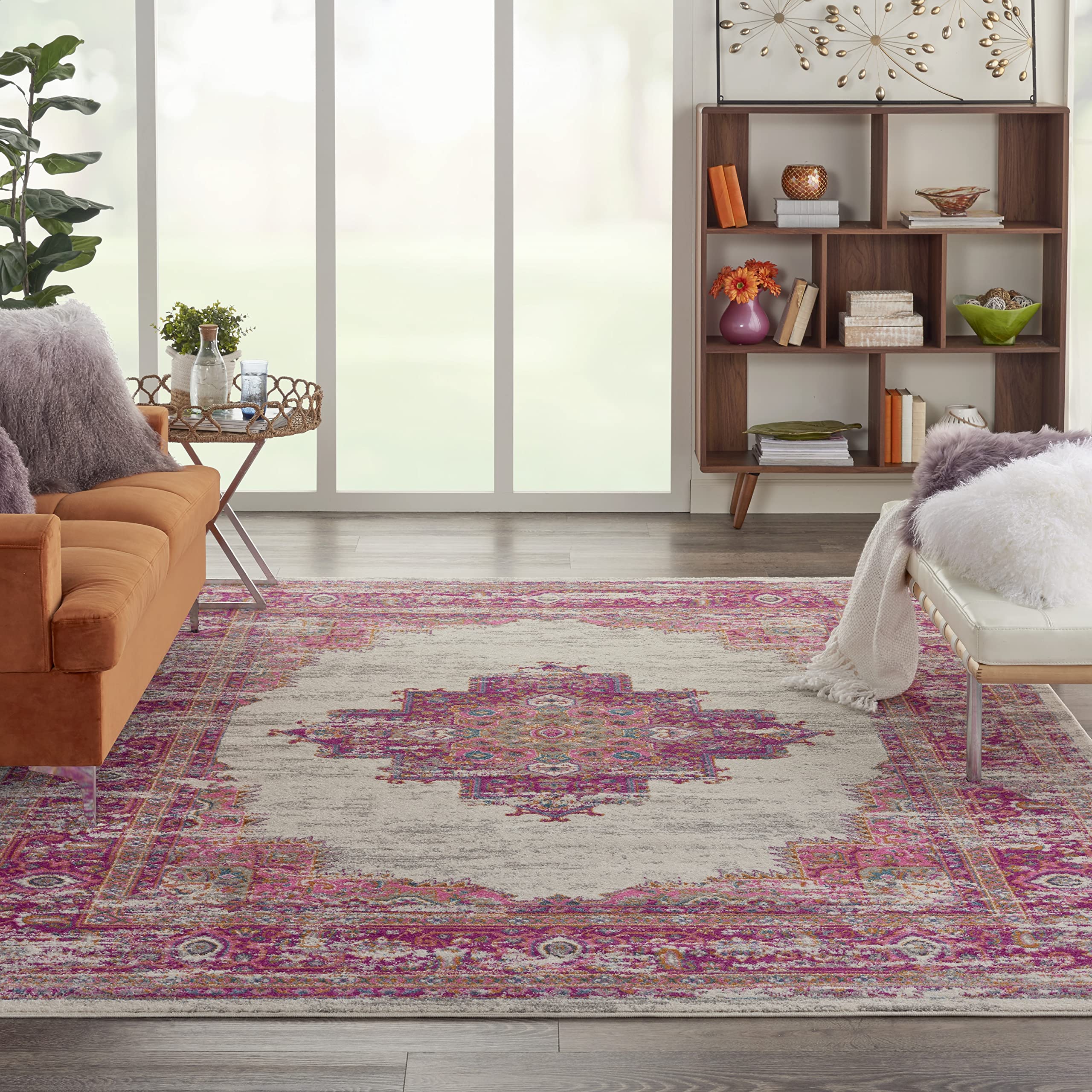 Nourison Passion Ivory/Fuchsia 8 x 10 Area Rug, Boho, Traditional, Easy Clean, Non Shedding, Bed Room, Living Room, Hallway (8