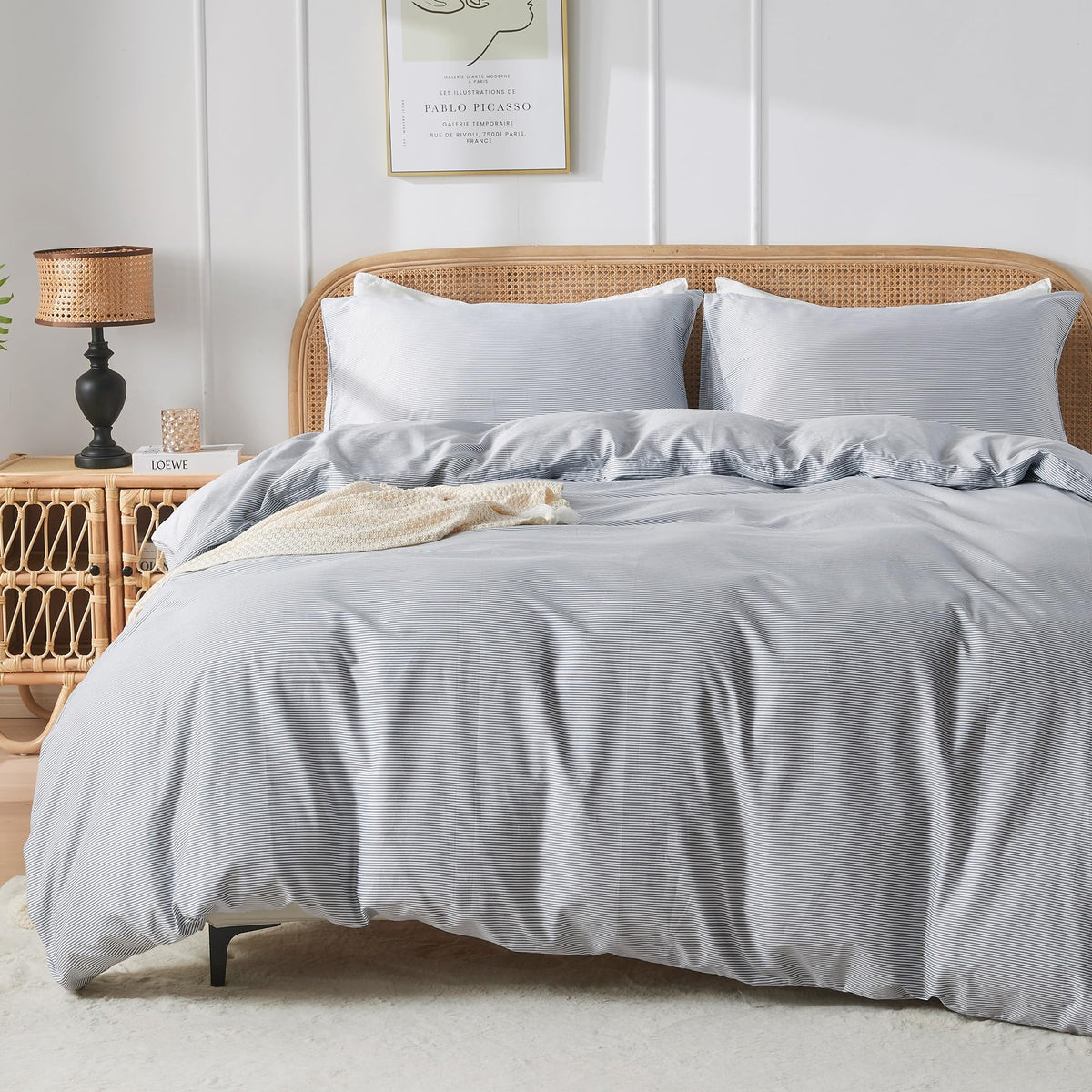 Jellymoni 100% Natural Cotton 3Pcs Striped Duvet Cover Sets,White Duvet Cover With Thin Blue Stripes Pattern Printed Comforter C