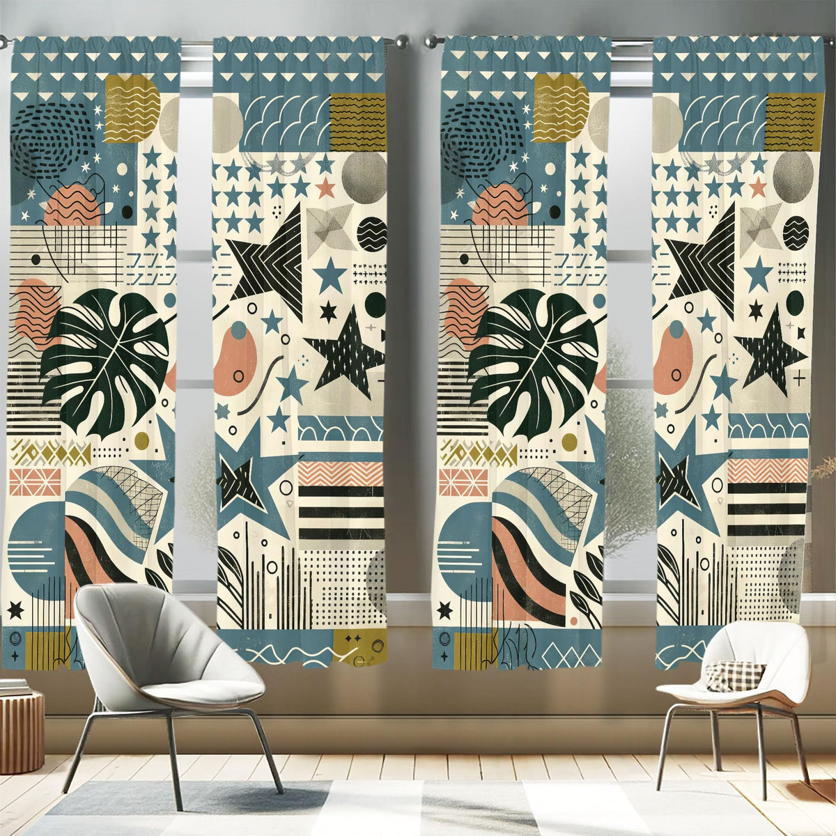 Ambesonne Abstract Window Curtains Pack Of 2, Modern Monstera And Stars With Muted Tones Memphis Chevrons Stripes, Lightweight S