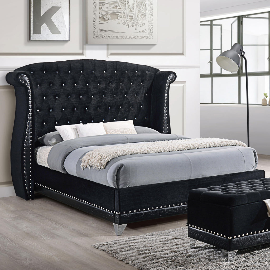 Coaster Home Furnishings Barzini Modern Classic Velvet Upholstered Queen Size Wingback Bed Frame Platform Bed 63-inch Headboard Black 300643Q