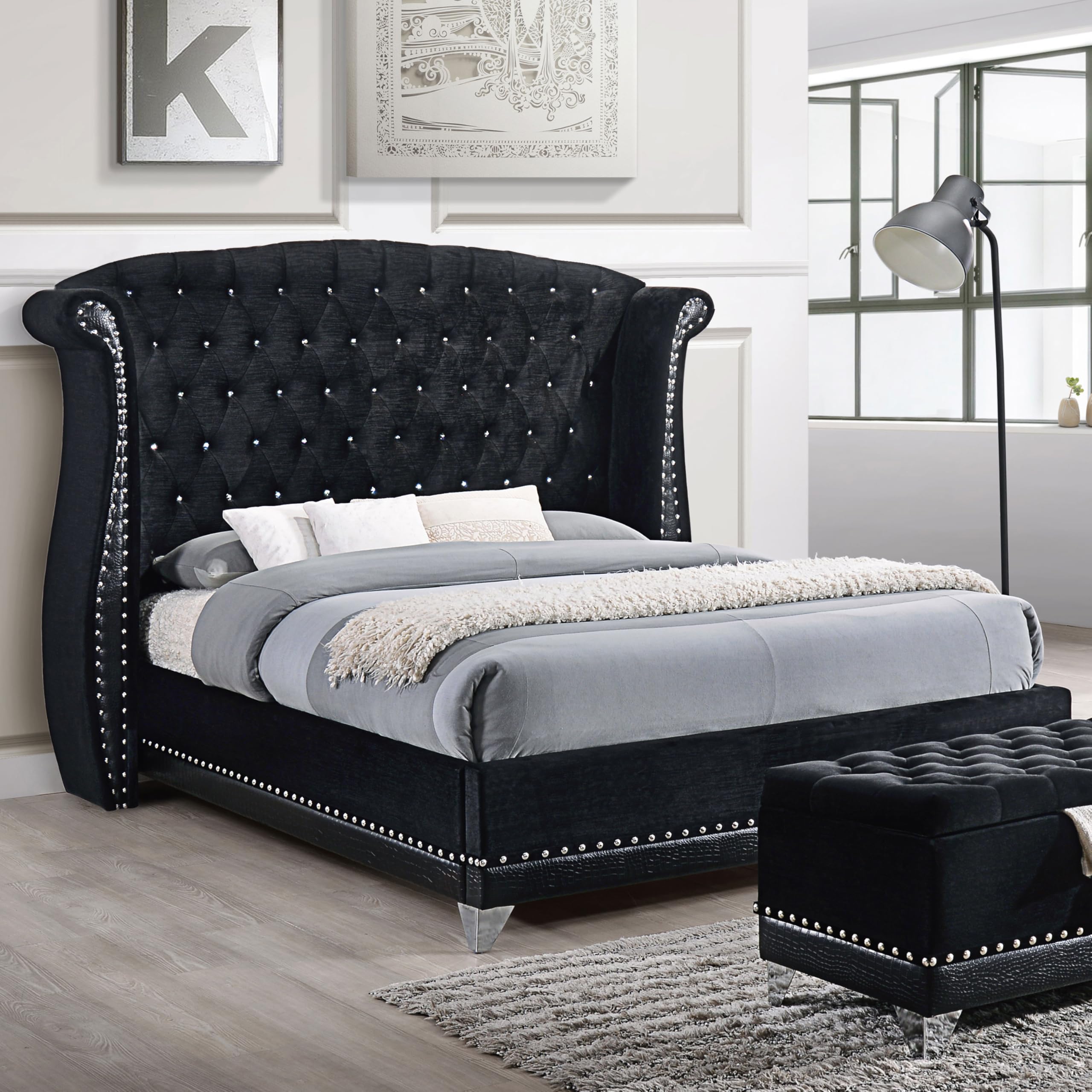 Coaster Home Furnishings Barzini Modern Classic Velvet Upholstered Queen Size Wingback Bed Frame Platform Bed 63-inch Headboard Black 300643Q