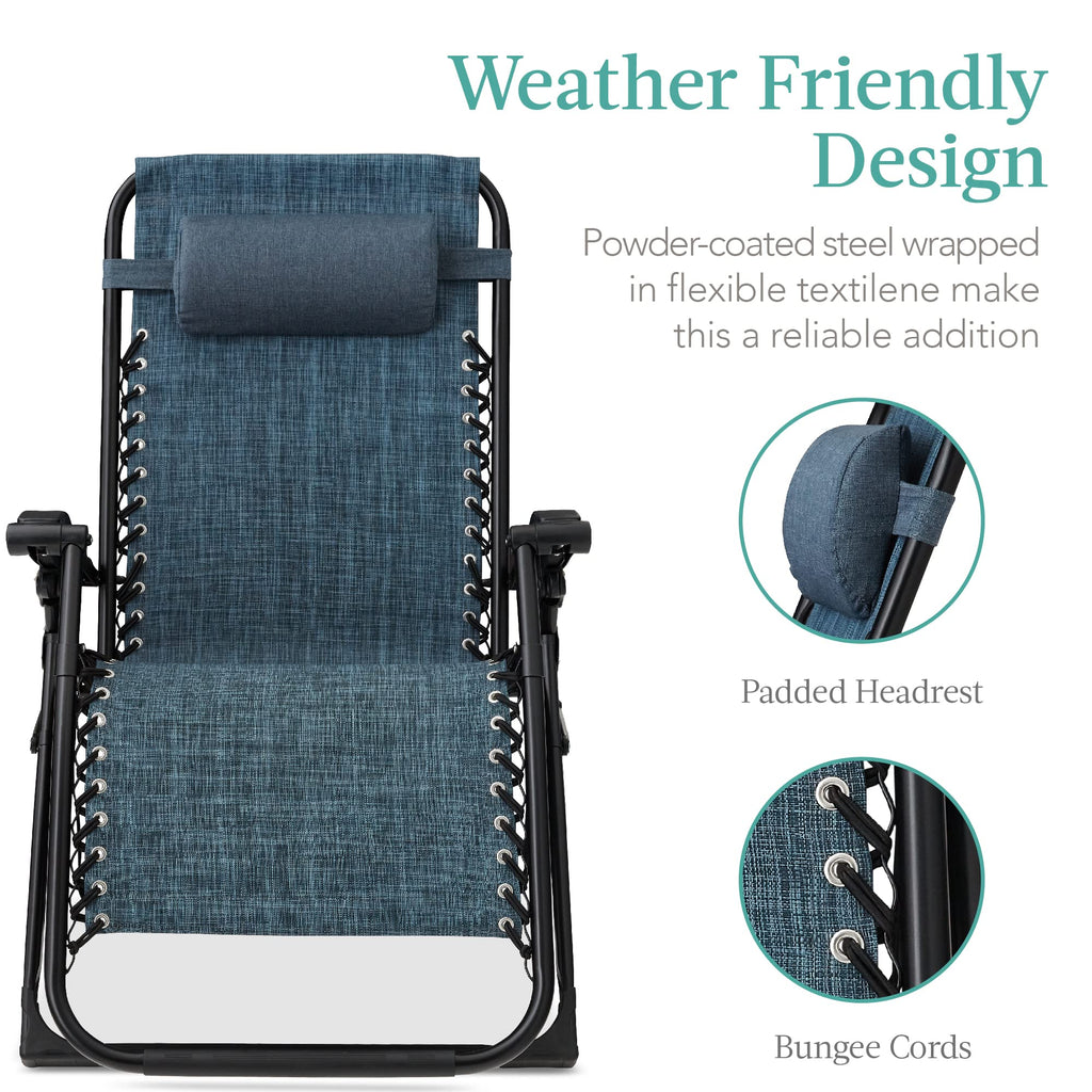 Best Choice Products Oversized Zero Gravity Chair, Folding Outdoor Patio Recliner, Xl Anti Gravity Lounger W/Removable Cushion, Cup Holder, Side Tray, 350Lb Capacity - Graphite Blue