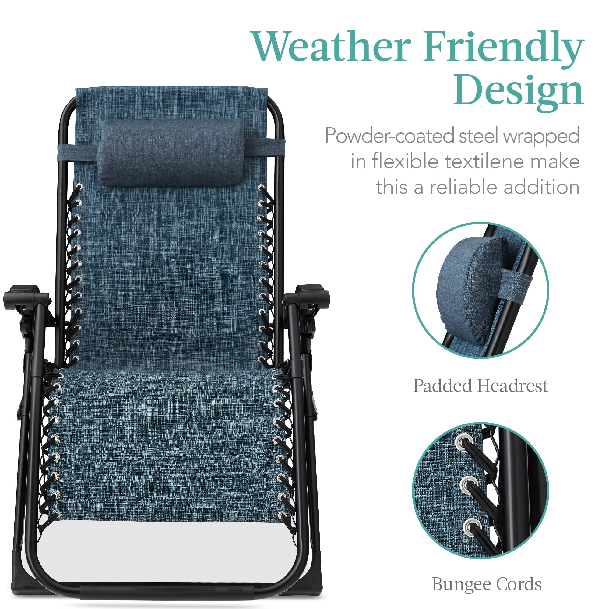 Best Choice Products Oversized Zero Gravity Chair, Folding Outdoor Patio Recliner, Xl Anti Gravity Lounger W/Removable Cushion, Cup Holder, Side Tray, 350Lb Capacity - Graphite Blue