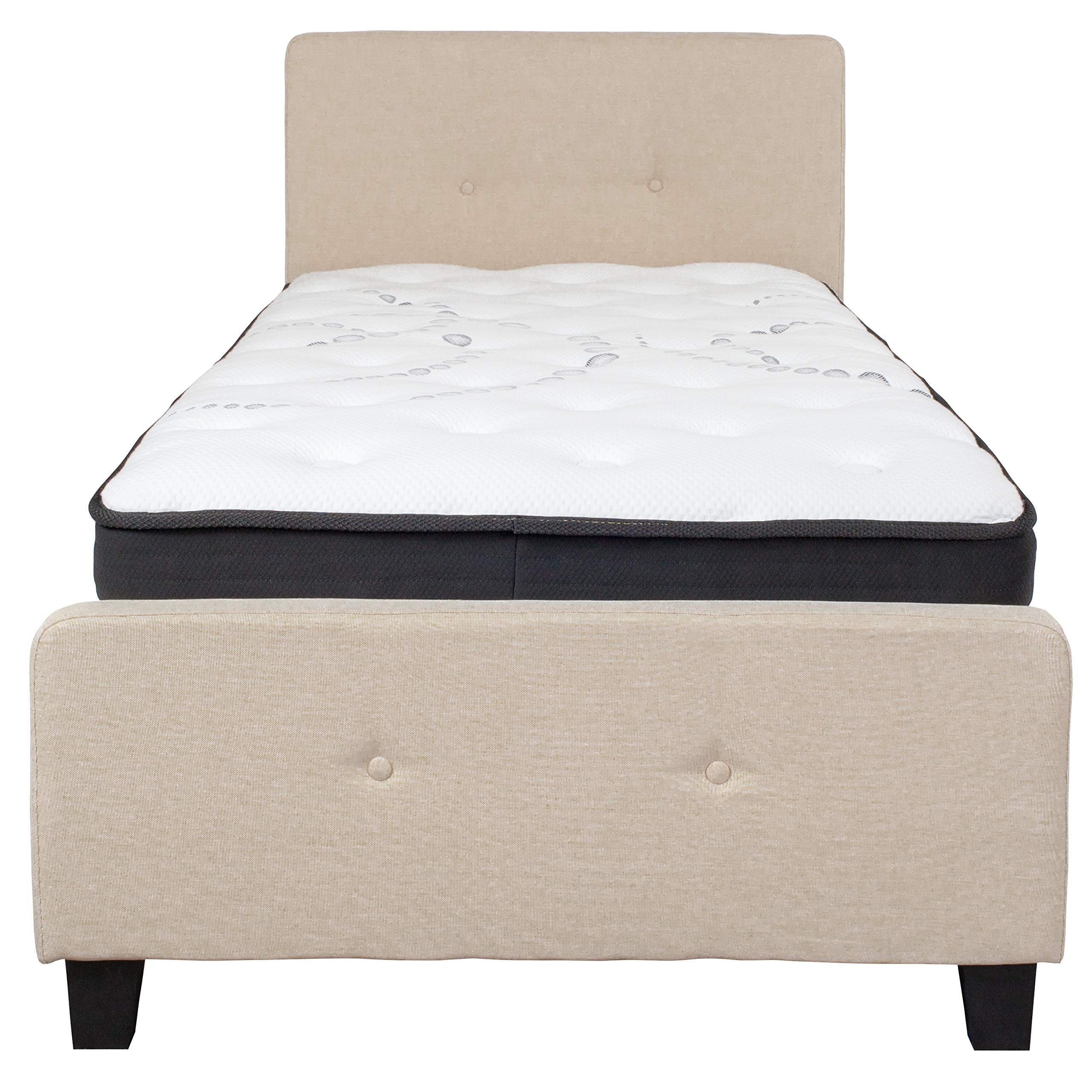 Flash Furniture Tribeca Twin Size Tufted Upholstered Platform Bed In Beige Fabric With Pocket Spring Mattress
