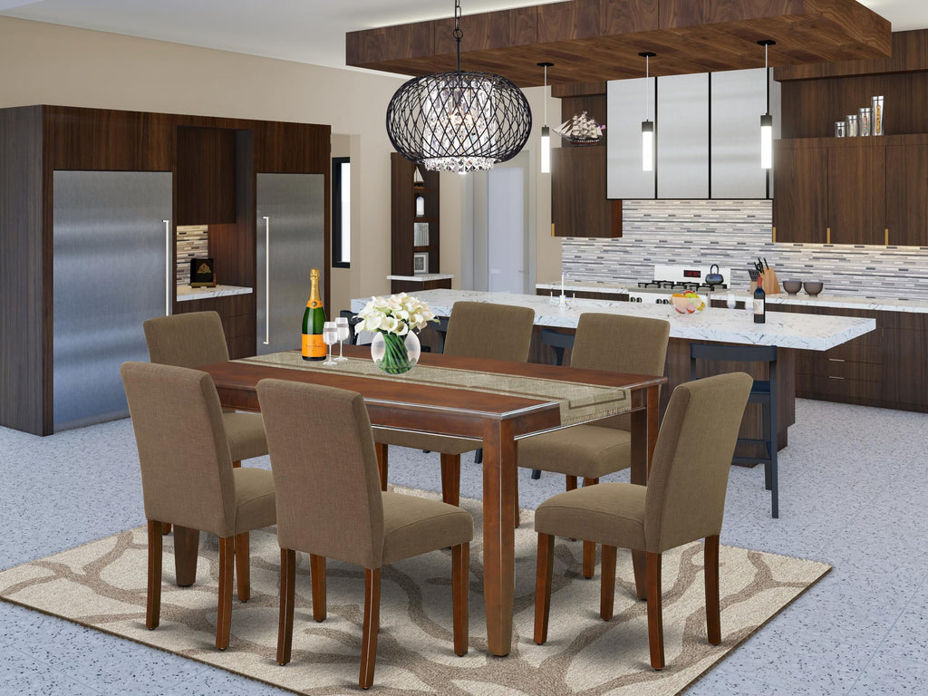 East West Furniture Duab7-Mah-18 7 Piece Dining Room Table Set Consist Of A Rectangle Kitchen Table And 6 Coffee Linen Fabric Parson Dining Chairs, 36X60 Inch, Mahogany