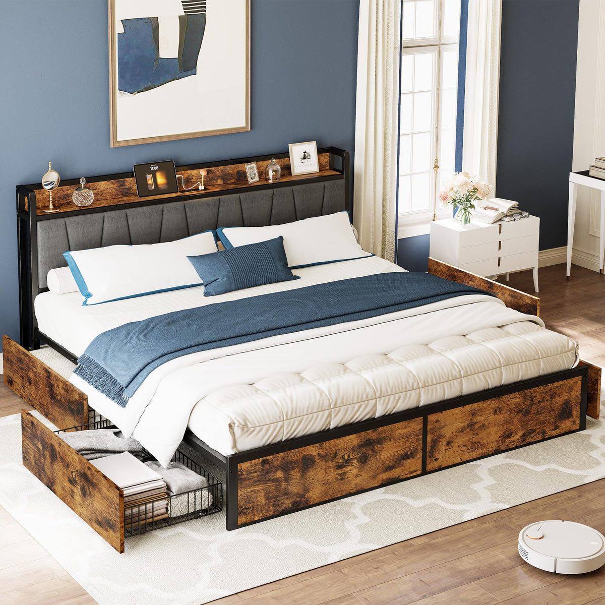 LIKIMIO California King Bed Frame with Four Storage Drawers, Platform Bed with Charged Headboard, Sturdy and Stable, No Noise, N