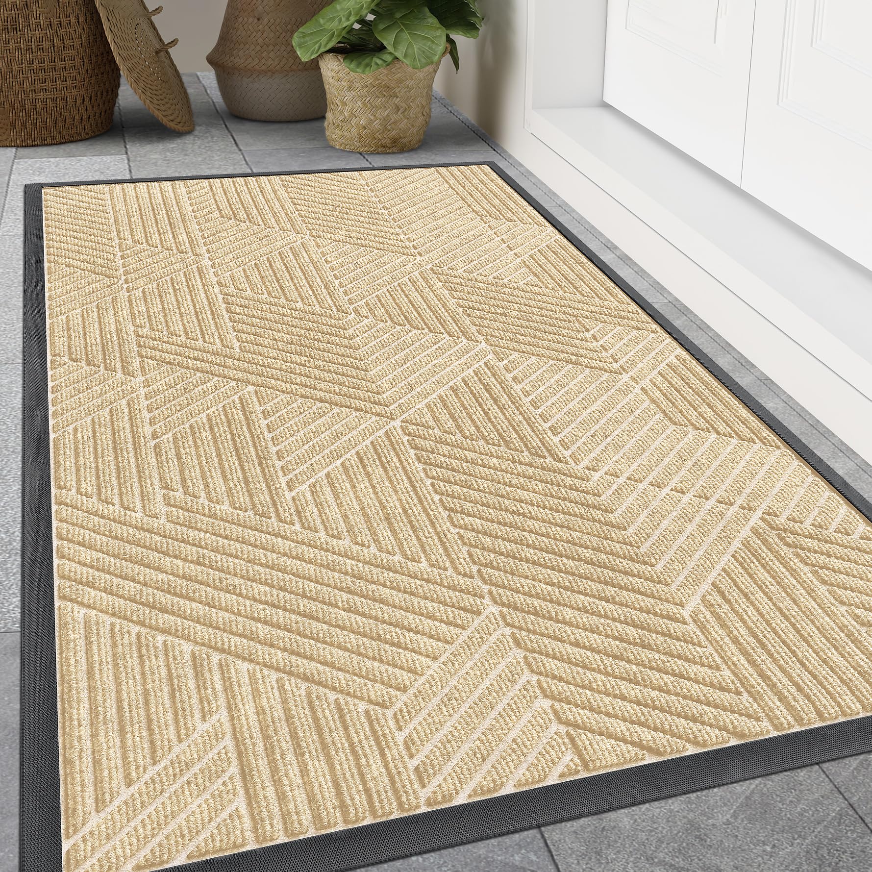 Smiry Front Door Mat Outside Entrance, Heavy Duty Natural Rubber Mat, Sturdy Trap Dirt And Moisture Indoor Outdoor Door Mat, Easy Clean Low Profile Doormat Outdoor Entrance, 47X32 Inch, Beige