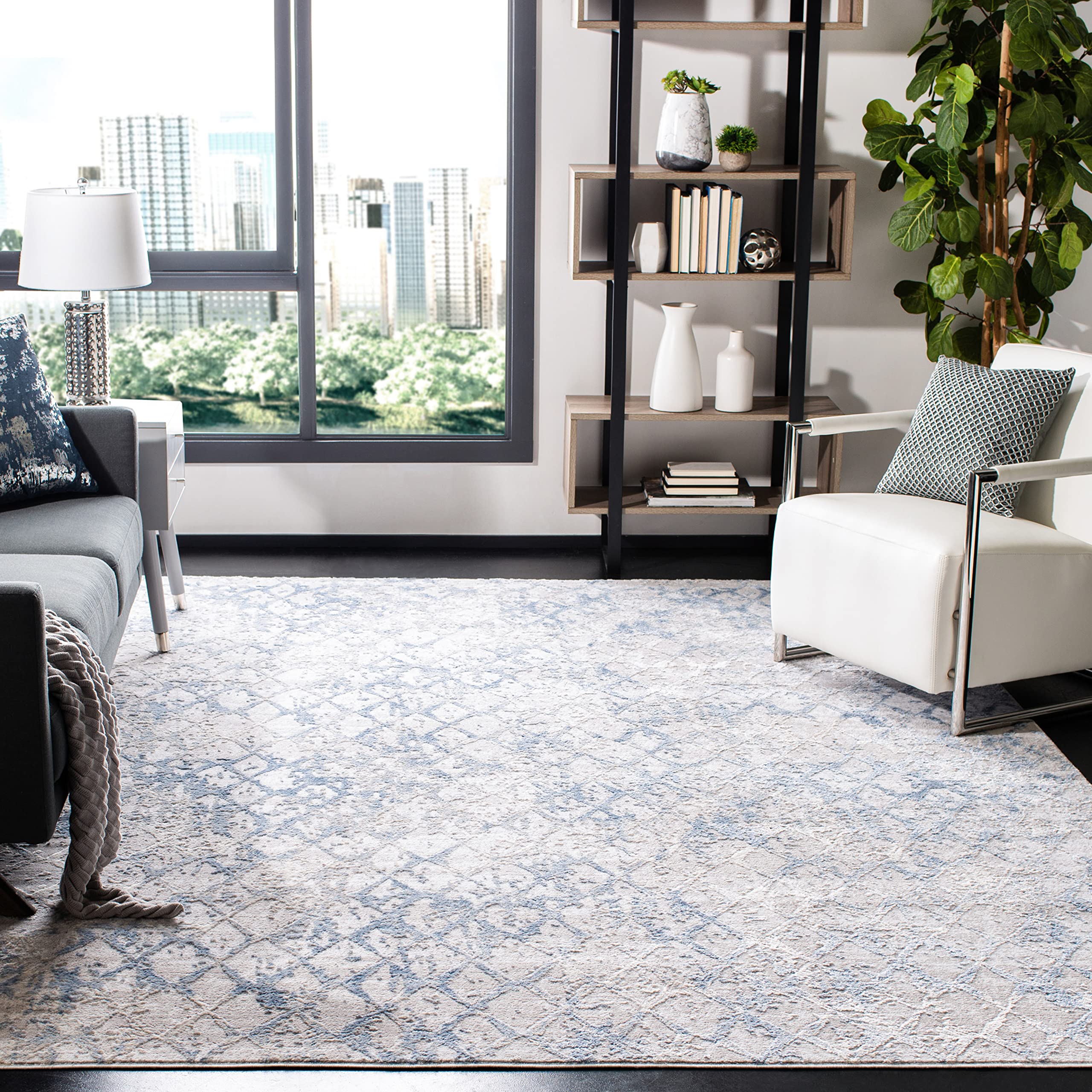 SAFAVIEH Amelia Collection Accent Rug - 3 x 5, Light Grey & Blue, Modern Trellis Distressed Design, Non-Shedding & Easy Care, 