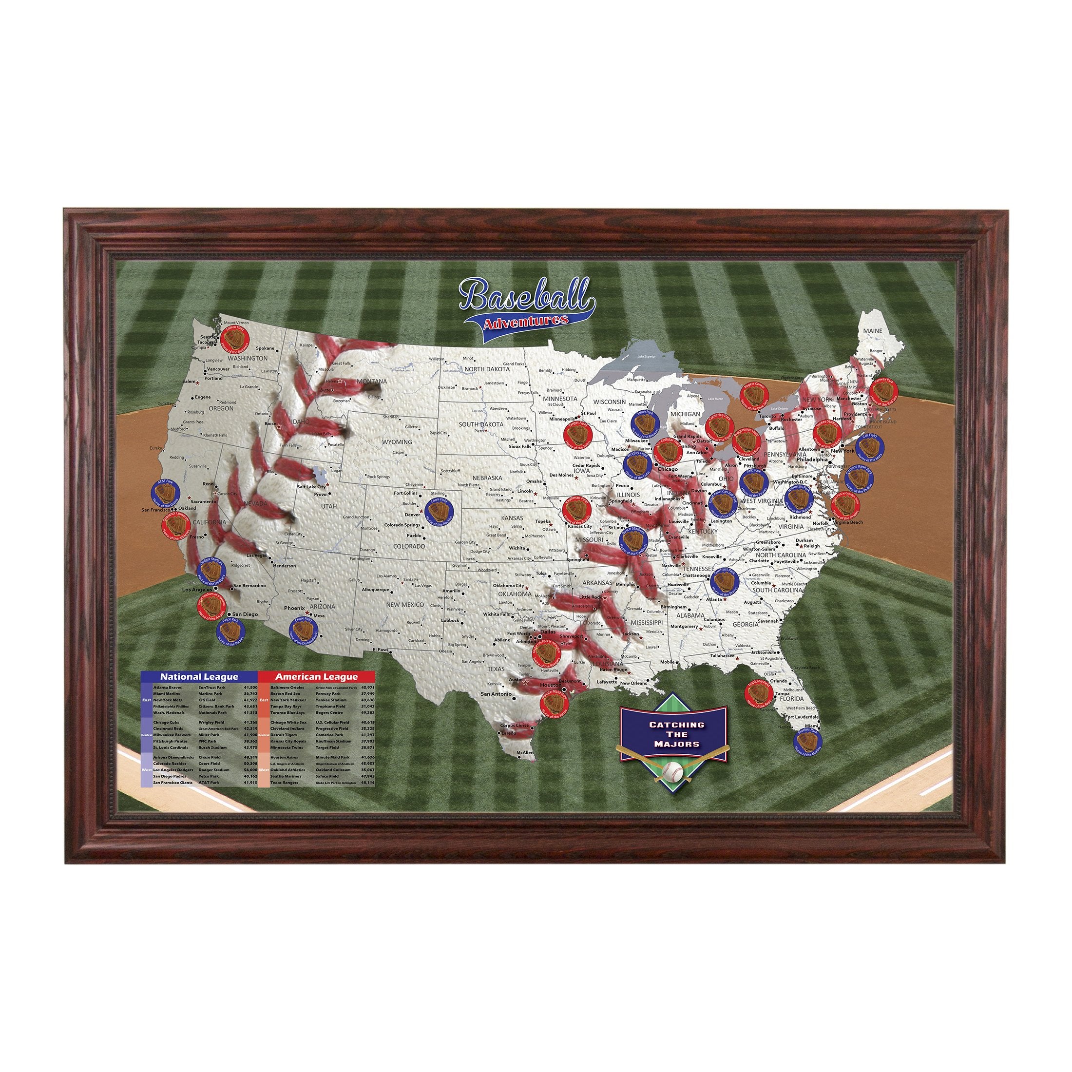 Push Pin Travel Maps Customizable Wall Art - Baseball Adventures - Solid Wood Cherry - Framed Pin Map, Includes 150 Pins - Handc