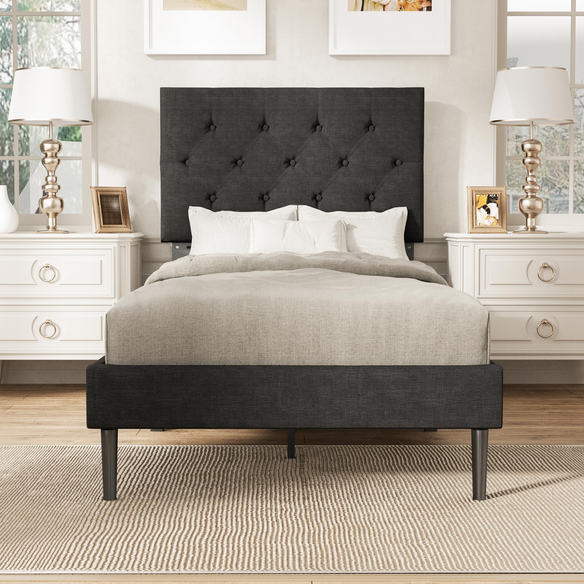 Twin Size Platform Bed Frame With Upholstered Headboard, Button Tufted Design, No Box Spring Needed, Dark Grey