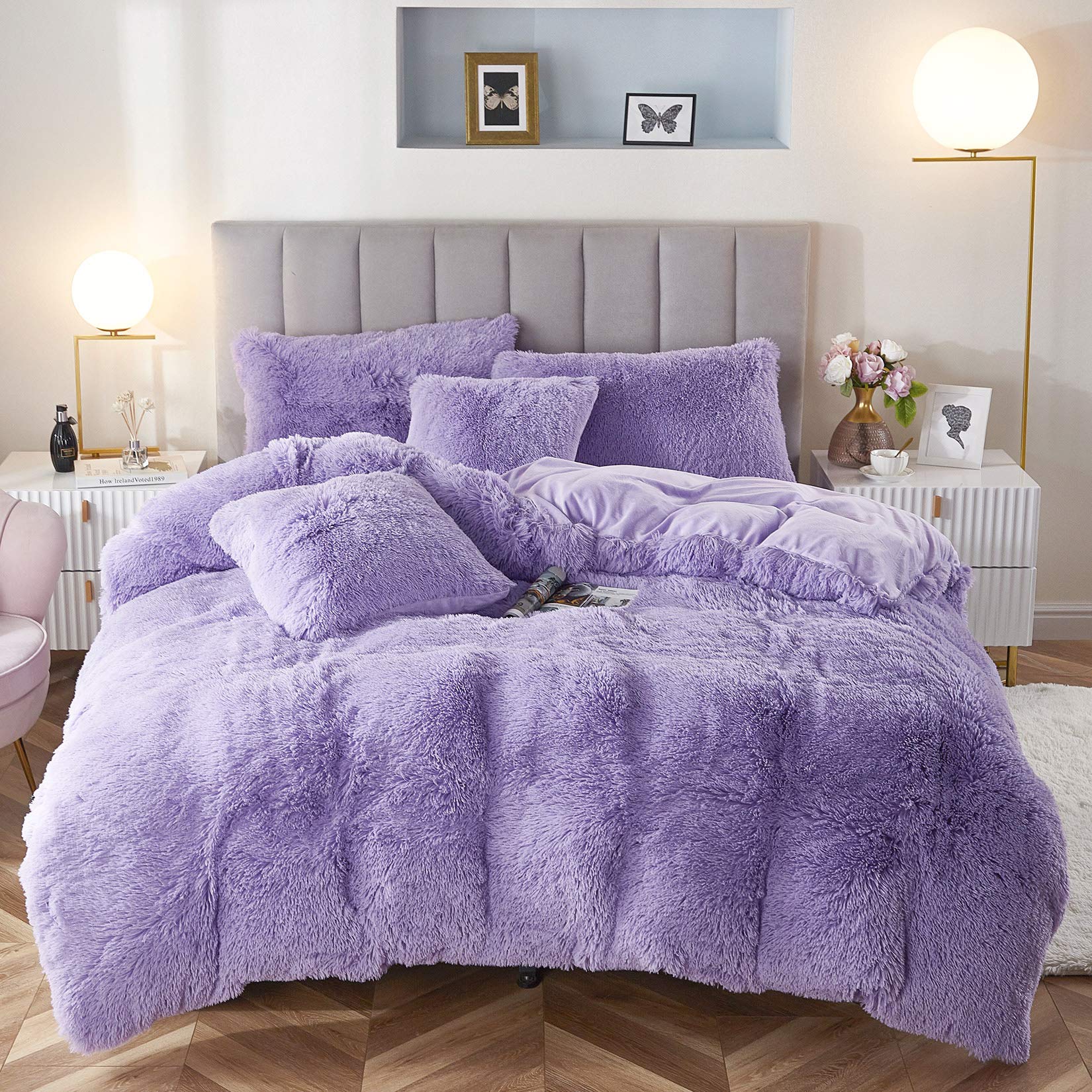 Uhamho Faux Fur Velvet Fluffy Bedding Duvet Cover Set Down Comforter Quilt Cover With Pillow Shams, Ultra Soft Warm (Lilac, Quee