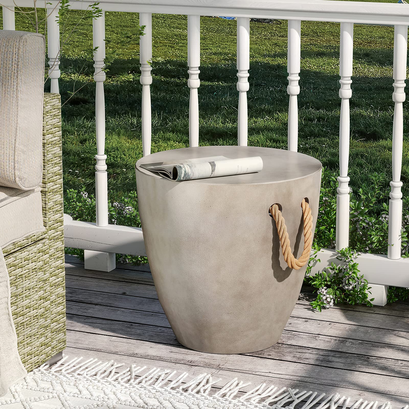 Sunbury Outdoor Side Table Concrete Side Table, 17' H Small Outdoor Side Table End Table For Patio W Hemp Rope, Ceramic Round Coffeetable Accent Table Garden Outdoor Plant Stands