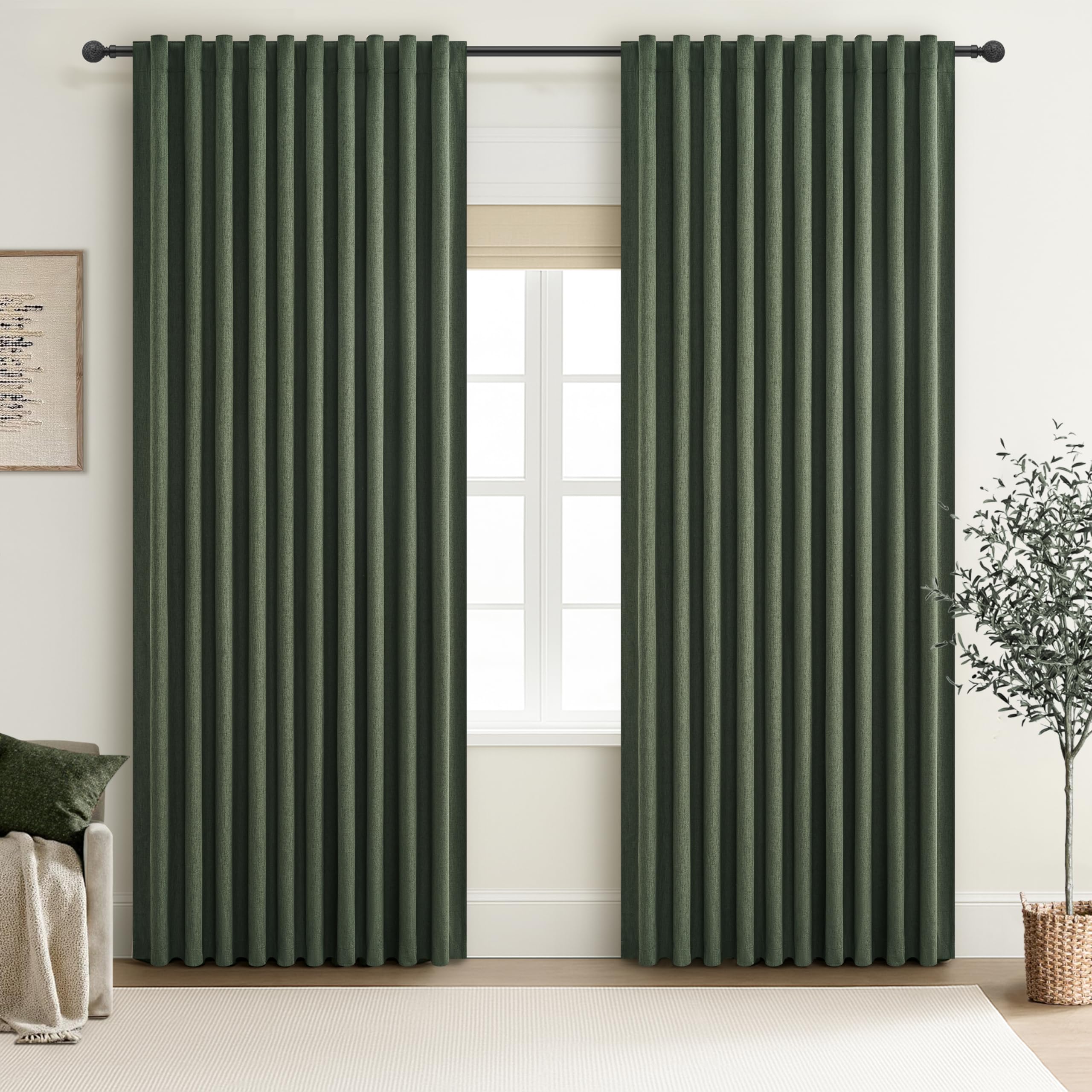 Dark Olive Green Curtains 70 Inch Length Extra Wide Pleated Black Out 96 Inch Long for Living Room, Linen Thick Sliding Glass Do