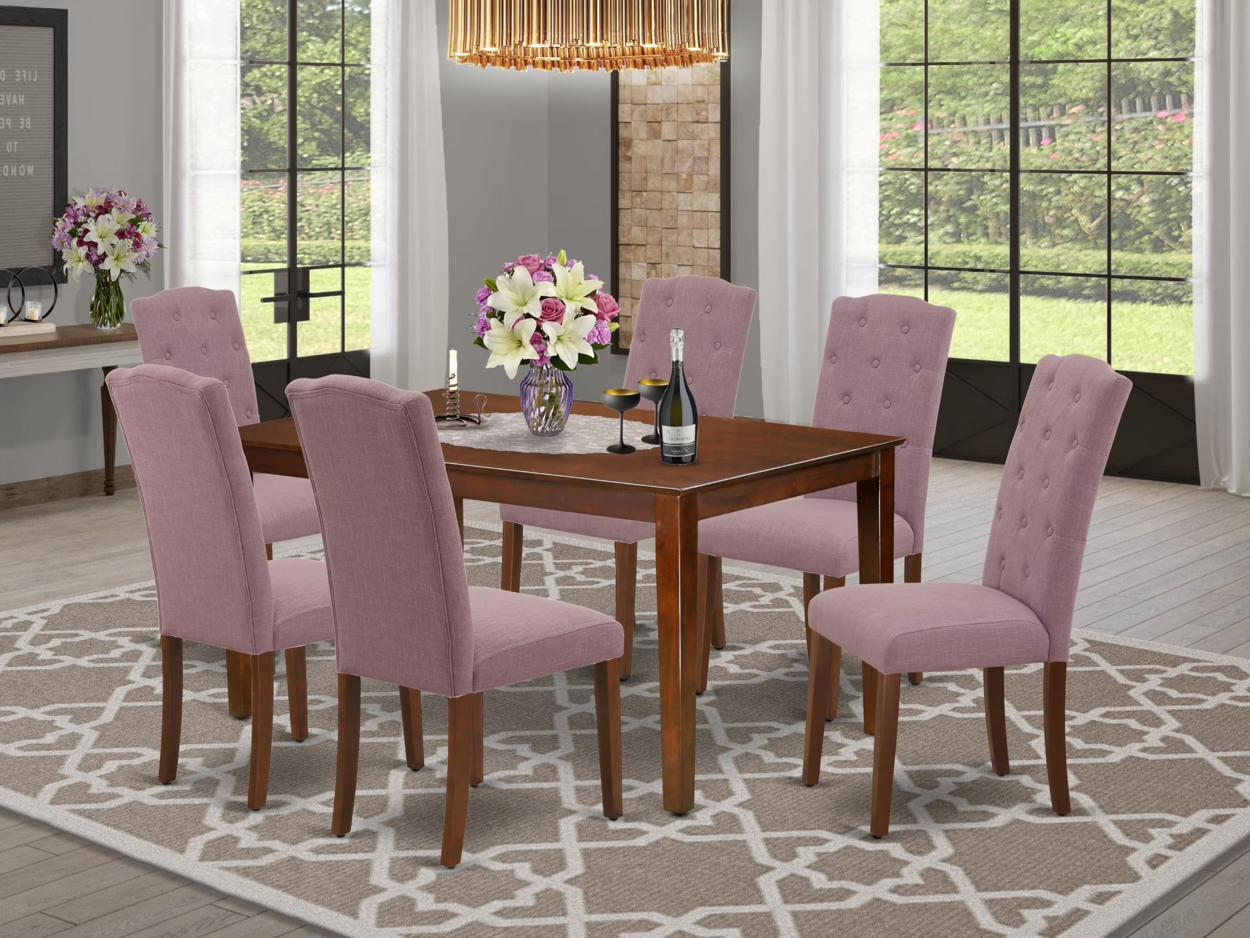 East West Furniture Cace7-Mah-10 7 Piece Dining Room Furniture Set Consist Of A Rectangle Dining Table And 6 Dahlia Linen Fabric Upholstered Chairs, 36X60 Inch, Mahogany