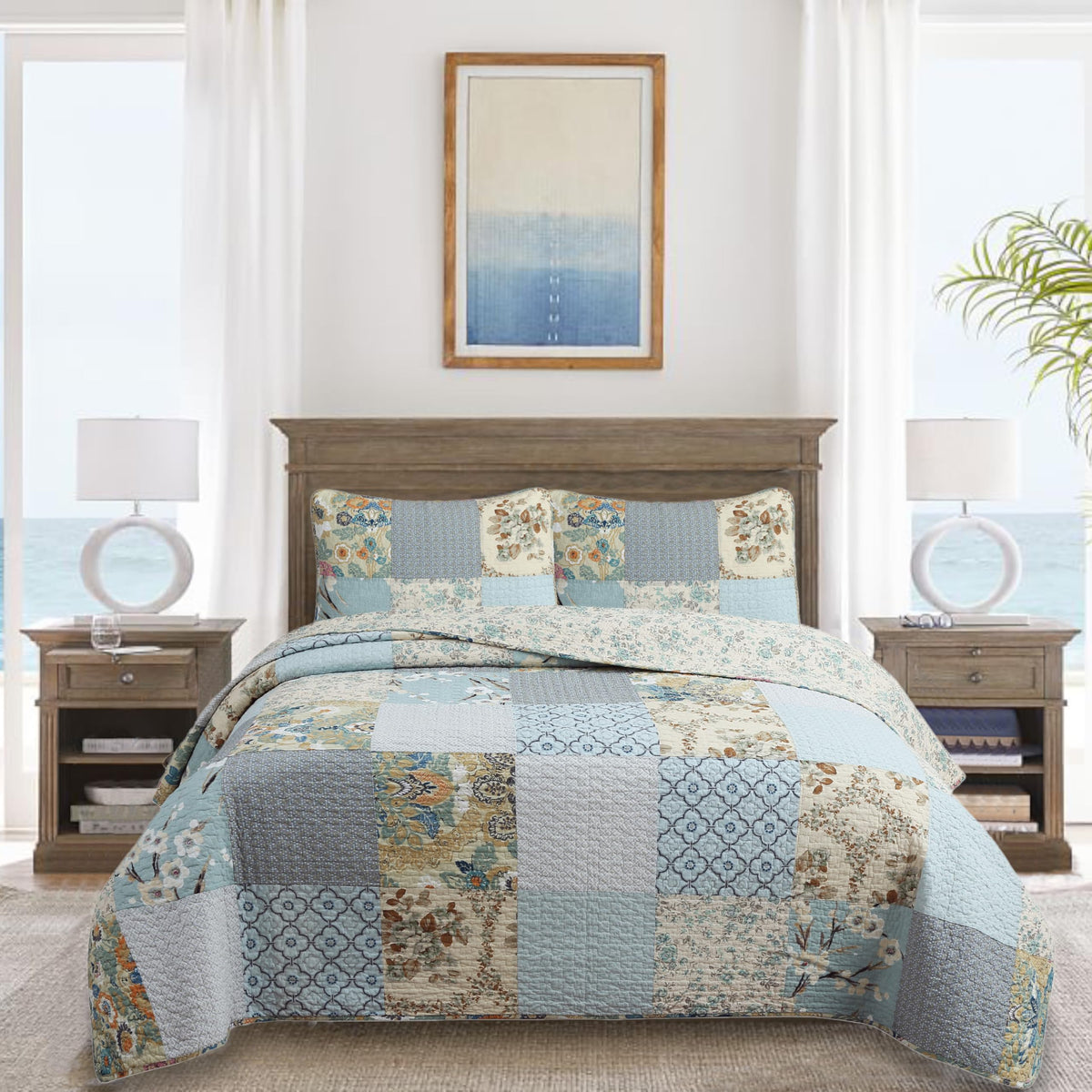 Cozy Line Home Fashions 100% Cotton Classic Patchwork Bedding Quilt Set, Blue Gray Teal Taupe Bohemian Style Reversible Bedsprea