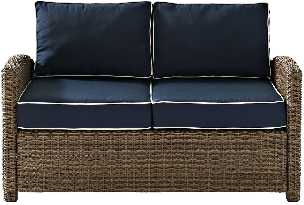 Crosley Furniture Bradenton Wicker Outdoor Loveseat, 2-Person Patio Couch For Porch, Deck, Backyard, Brown With Navy Cushions